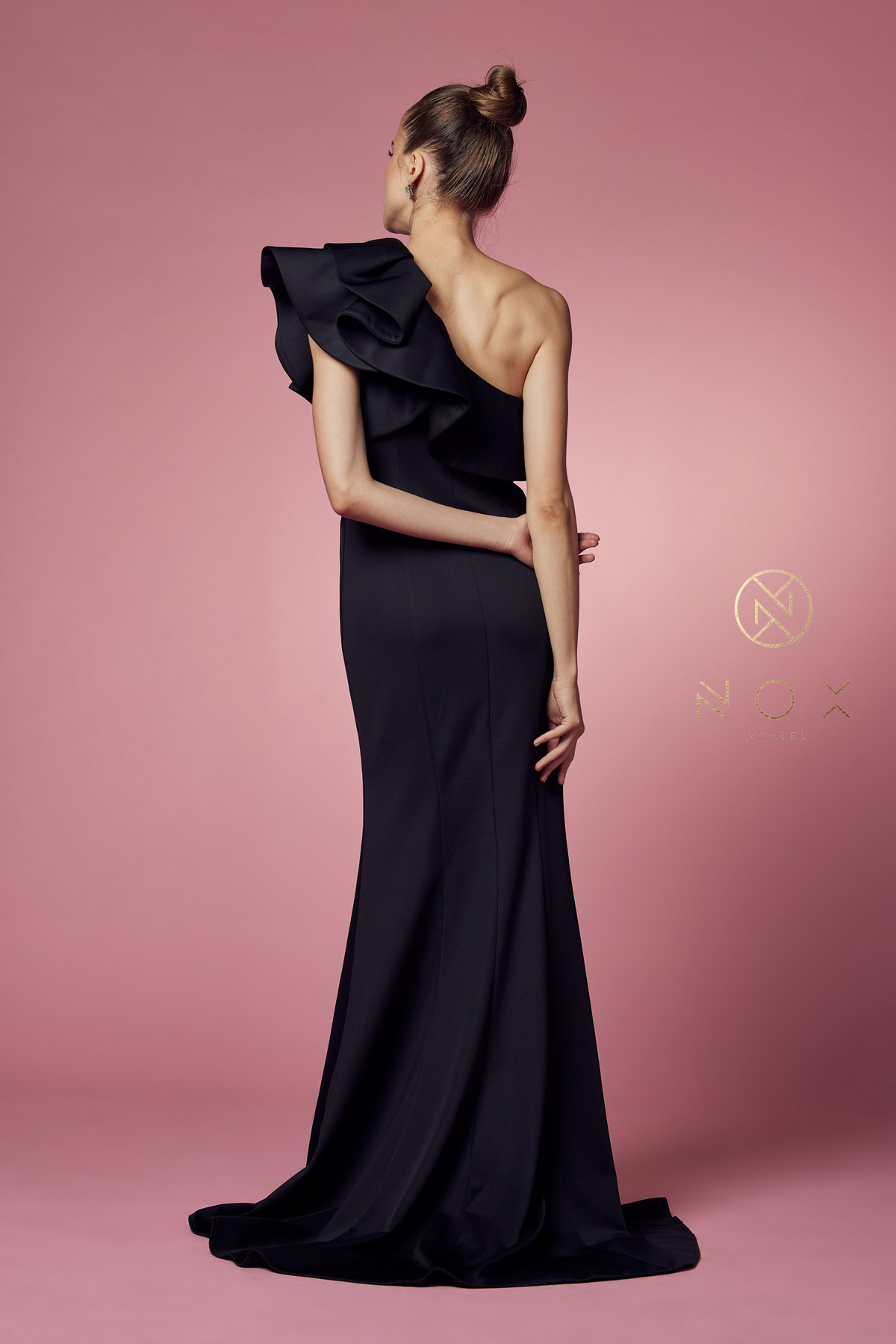 One Shoulder Ruffle Overlay Trumpet Long Gown — Nox Anabel E467