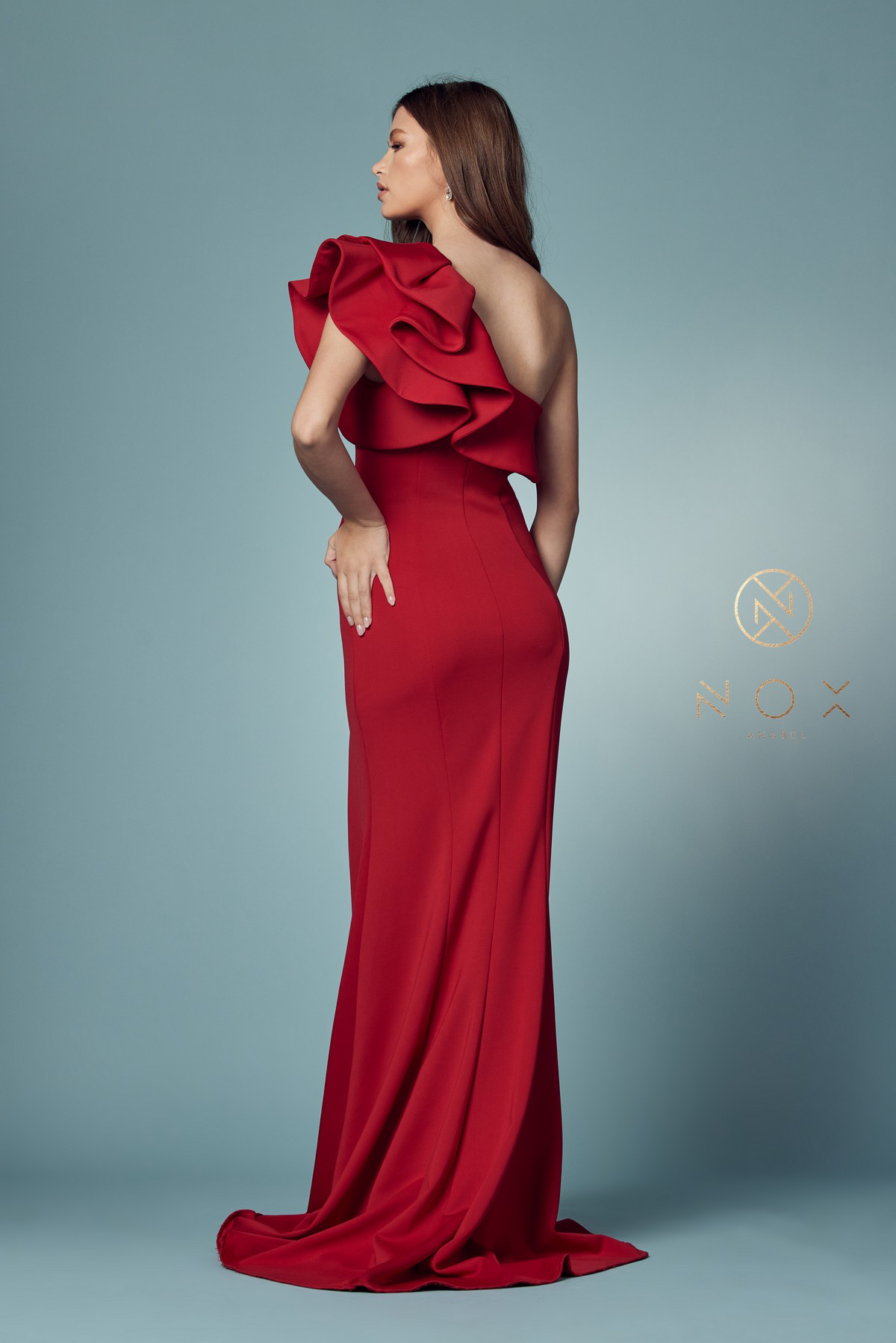 One Shoulder Ruffle Overlay Trumpet Long Gown — Nox Anabel E467