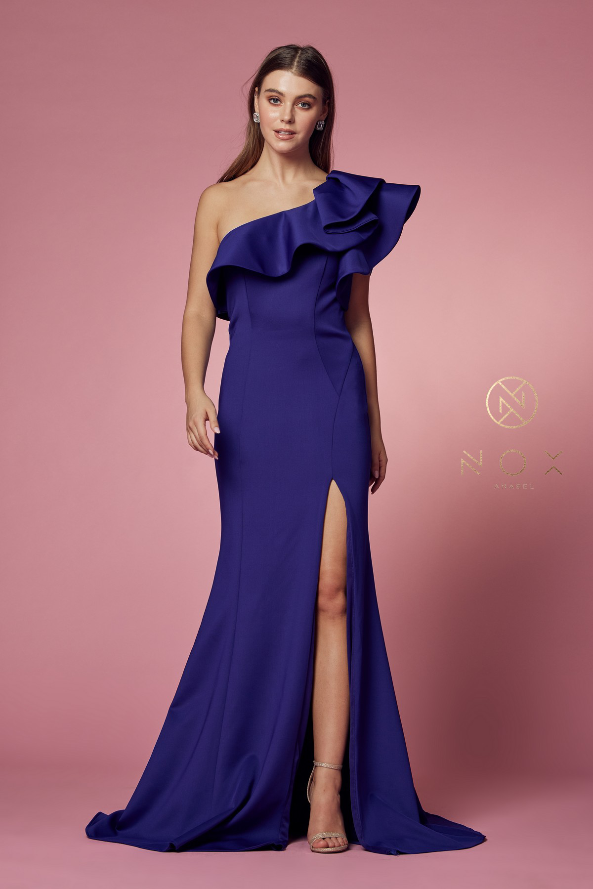 One Shoulder Ruffle Overlay Trumpet Long Gown — Nox Anabel E467