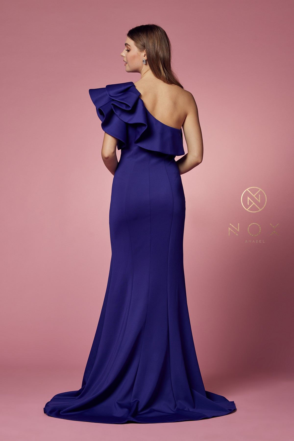 One Shoulder Ruffle Overlay Trumpet Long Gown — Nox Anabel E467