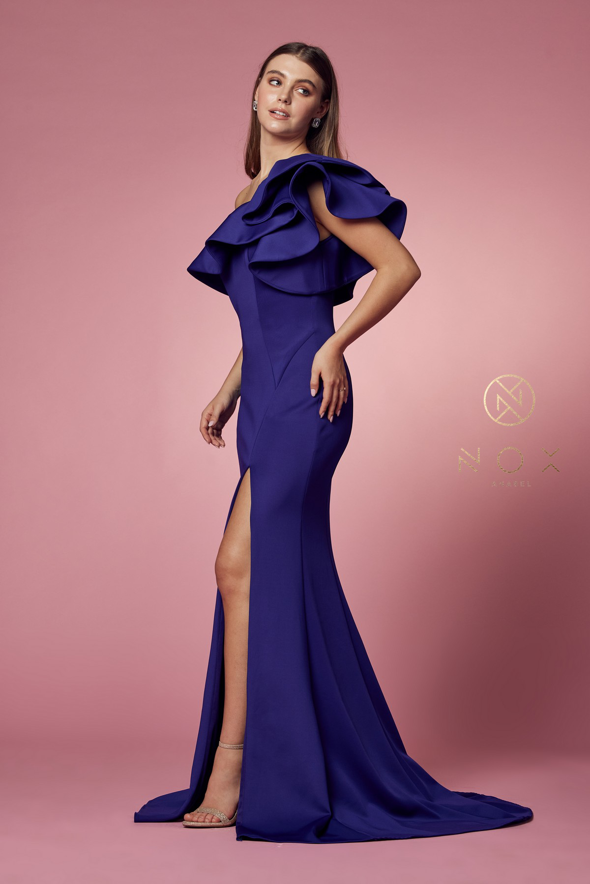 One Shoulder Ruffle Overlay Trumpet Long Gown — Nox Anabel E467