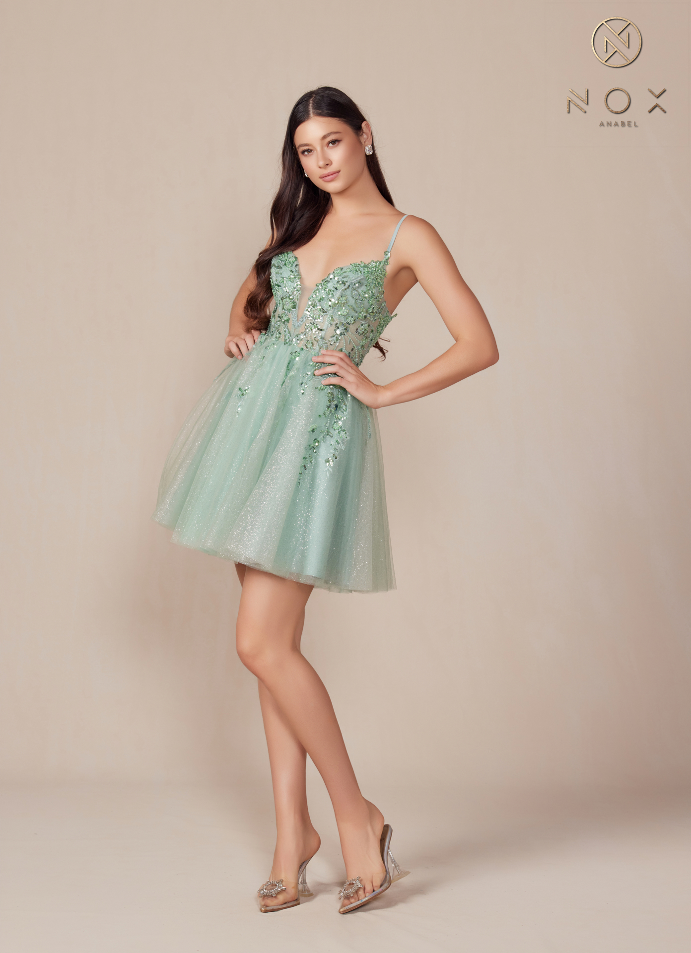 Glitters Short Spaghetti Straps A-line Dress lace- up! — Nox Anabel E902
