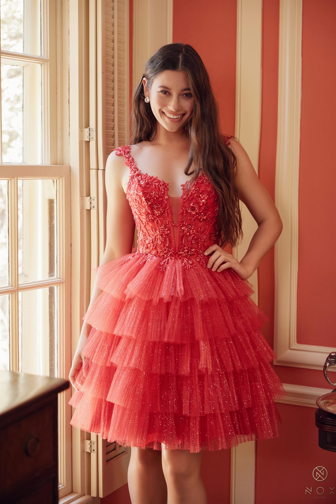 Applique Tulle Ruffle Tiered Short Dress — Nox Anabel E904