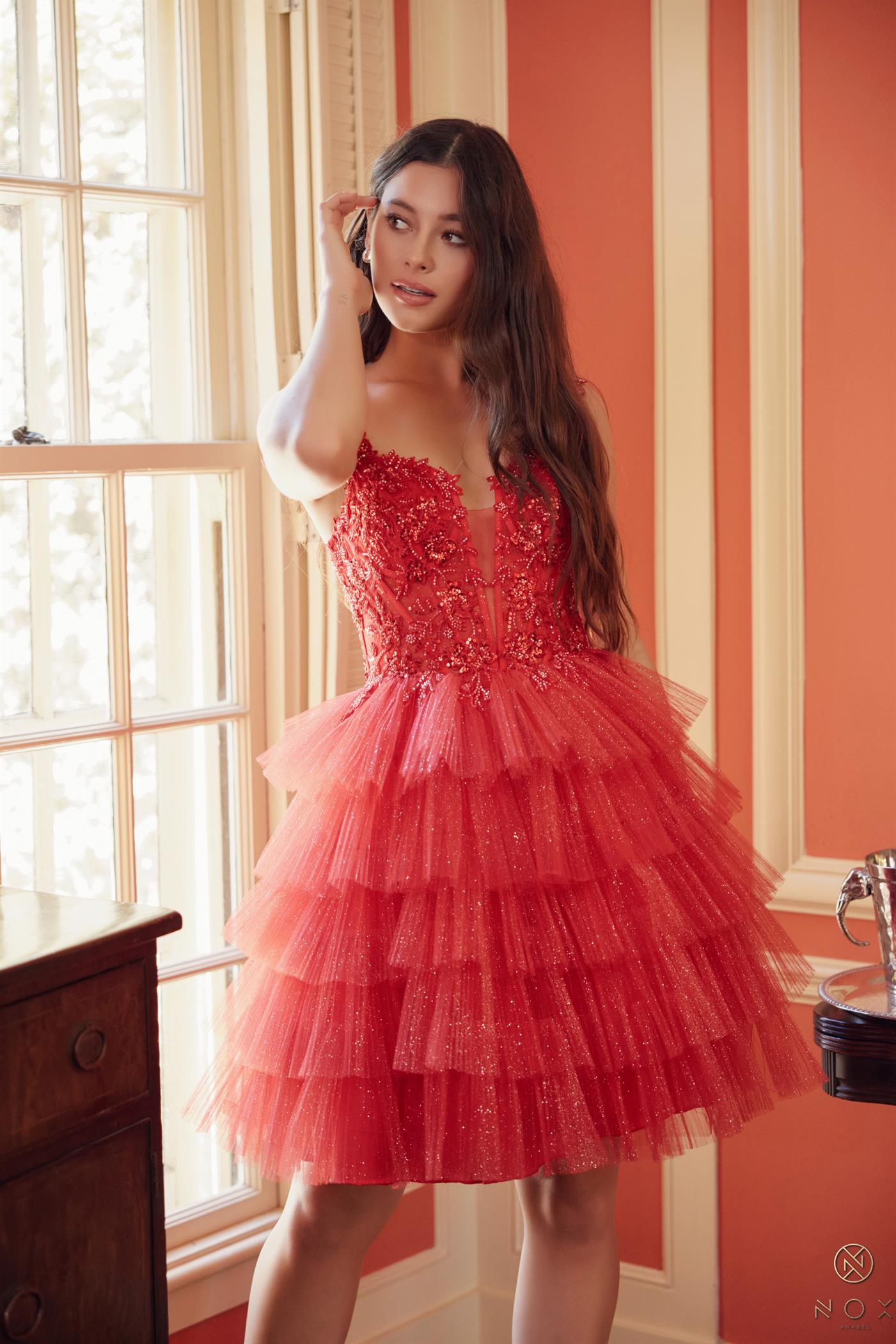 Applique Tulle Ruffle Tiered Short Dress