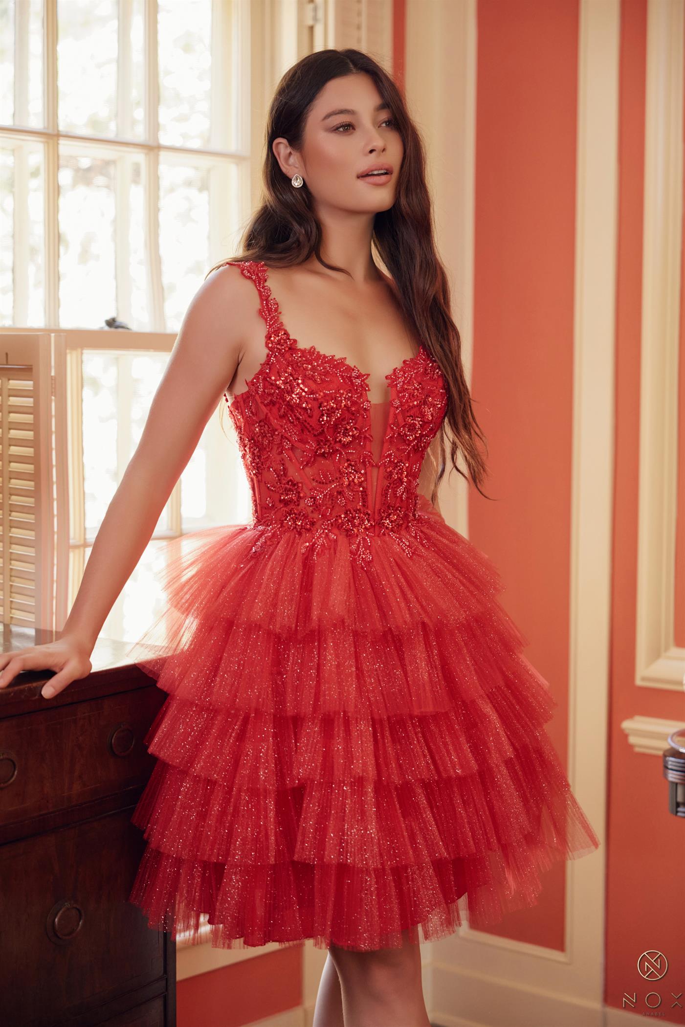 Applique Tulle Ruffle Tiered Short Dress — Nox Anabel E904