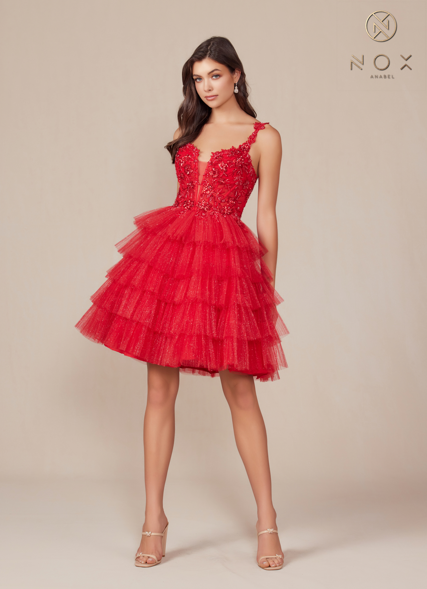Applique Tulle Ruffle Tiered Short Dress — Nox Anabel E904