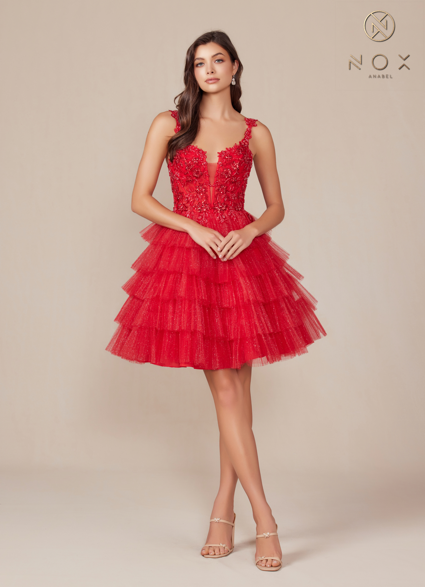 Applique Tulle Ruffle Tiered Short Dress — Nox Anabel E904
