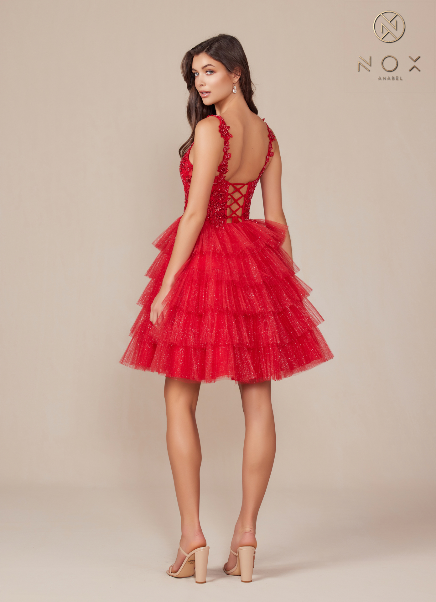 Applique Tulle Ruffle Tiered Short Dress — Nox Anabel E904
