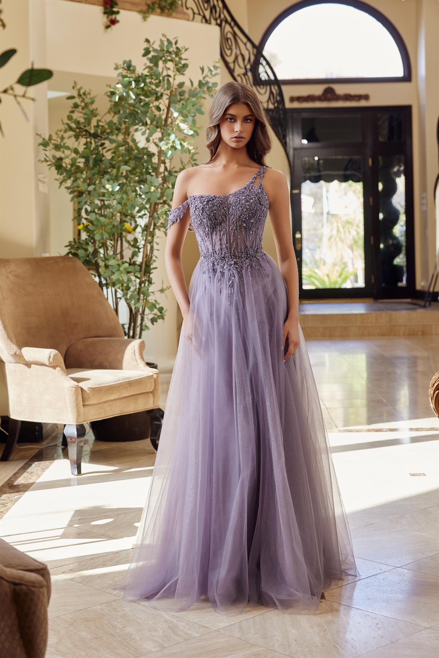 A-Line Long Dress with a Boned Sheer Waistline Material Flower Design Beaded Seq — Nox Anabel F1567