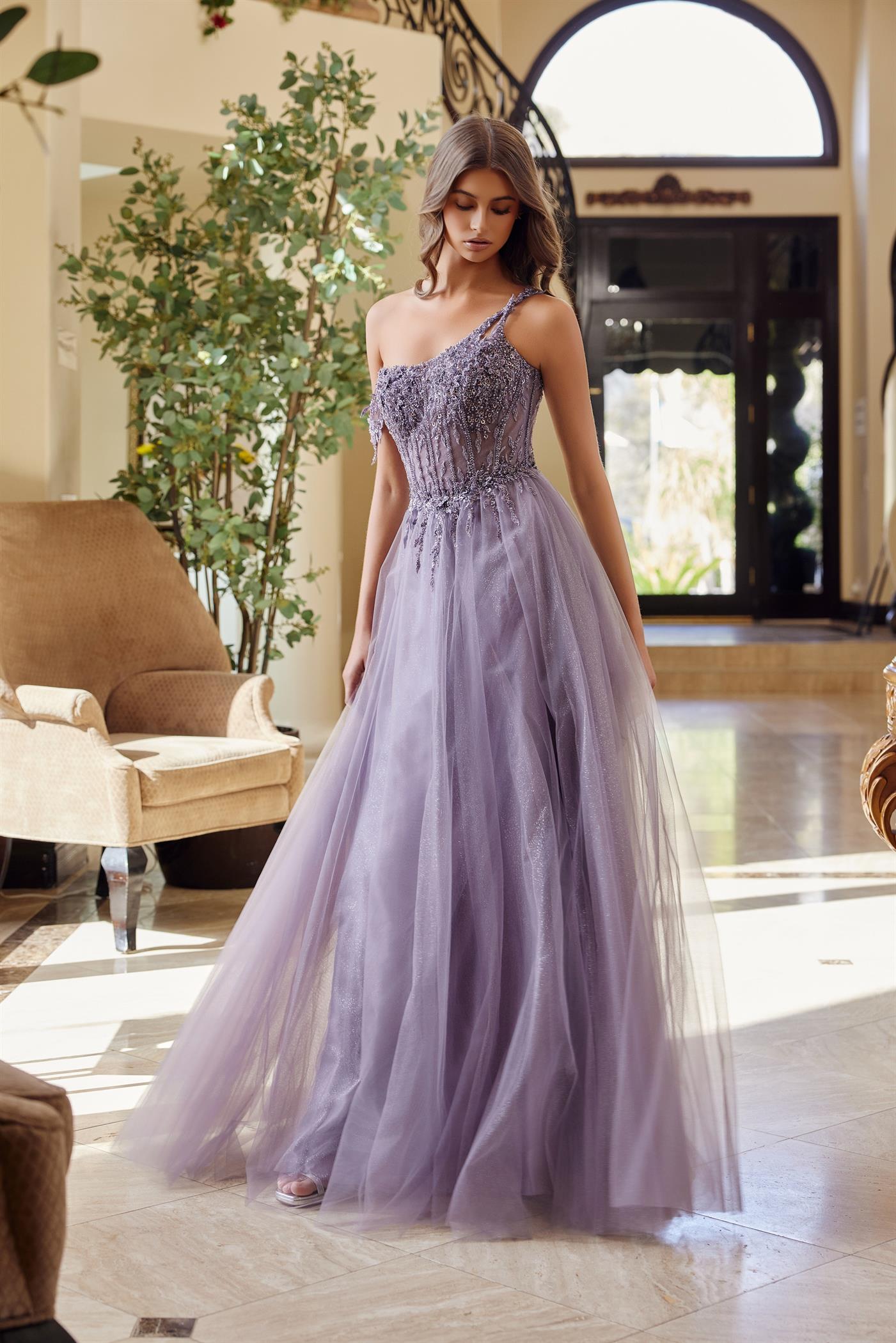A-Line Long Dress with a Boned Sheer Waistline Material Flower Design Beaded Seq — Nox Anabel F1567