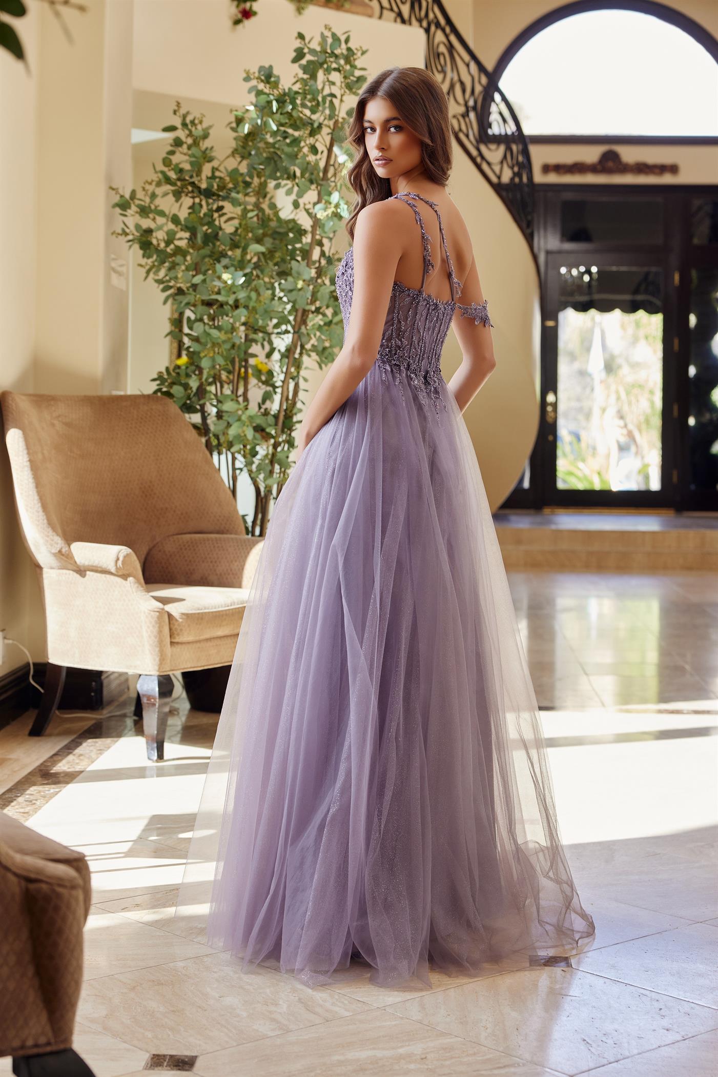 A-Line Long Dress with a Boned Sheer Waistline Material Flower Design Beaded Seq — Nox Anabel F1567