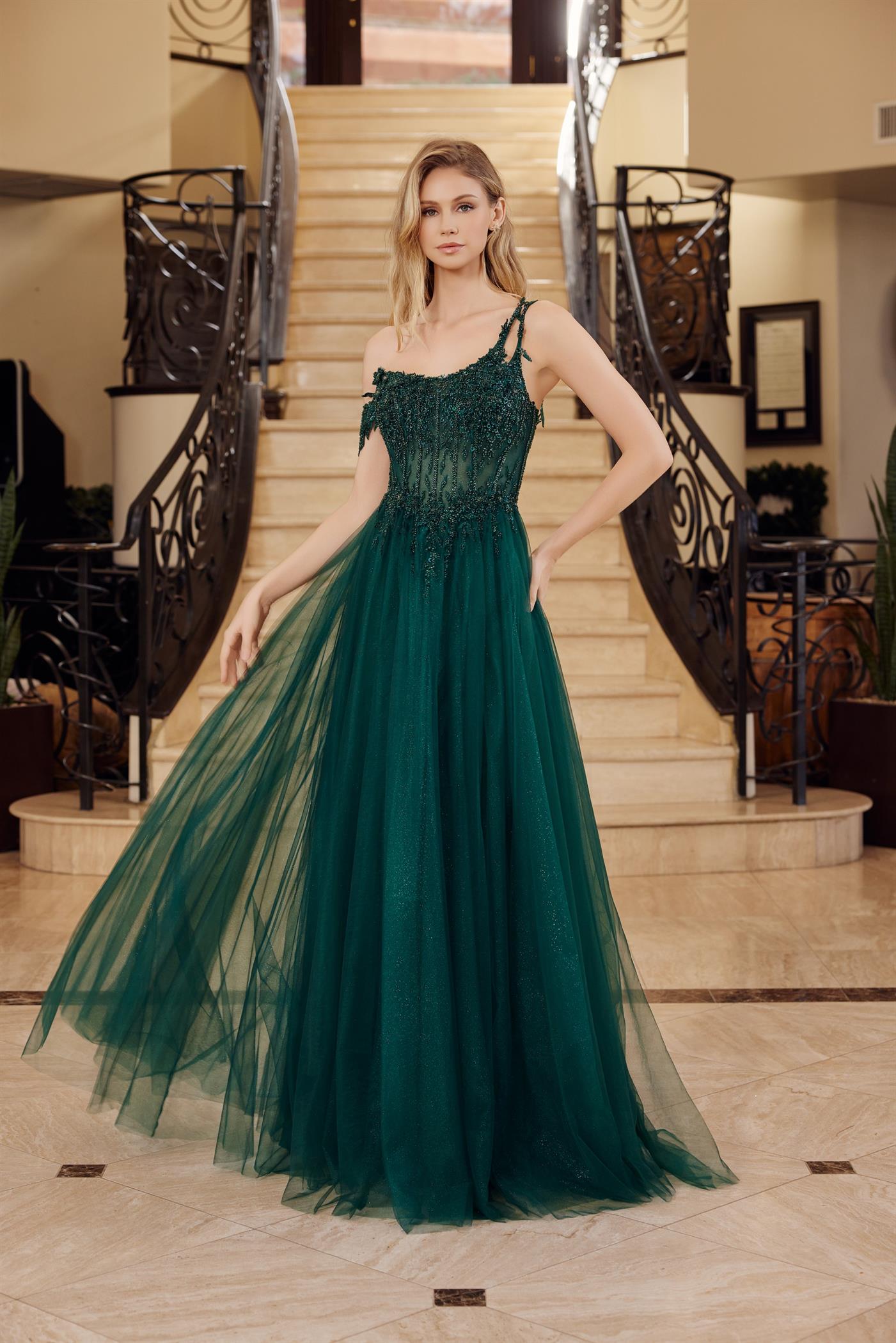 A-Line Long Dress with a Boned Sheer Waistline Material Flower Design Beaded Seq — Nox Anabel F1567