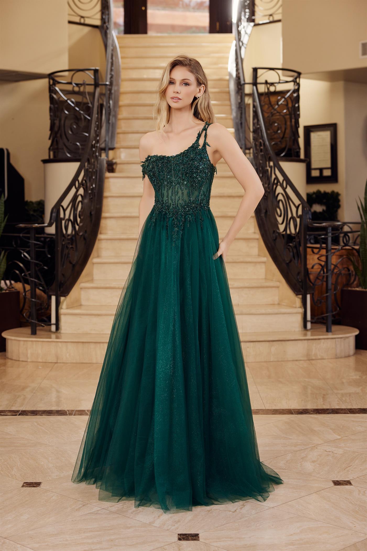 A-Line Long Dress with a Boned Sheer Waistline Material Flower Design Beaded Seq — Nox Anabel F1567
