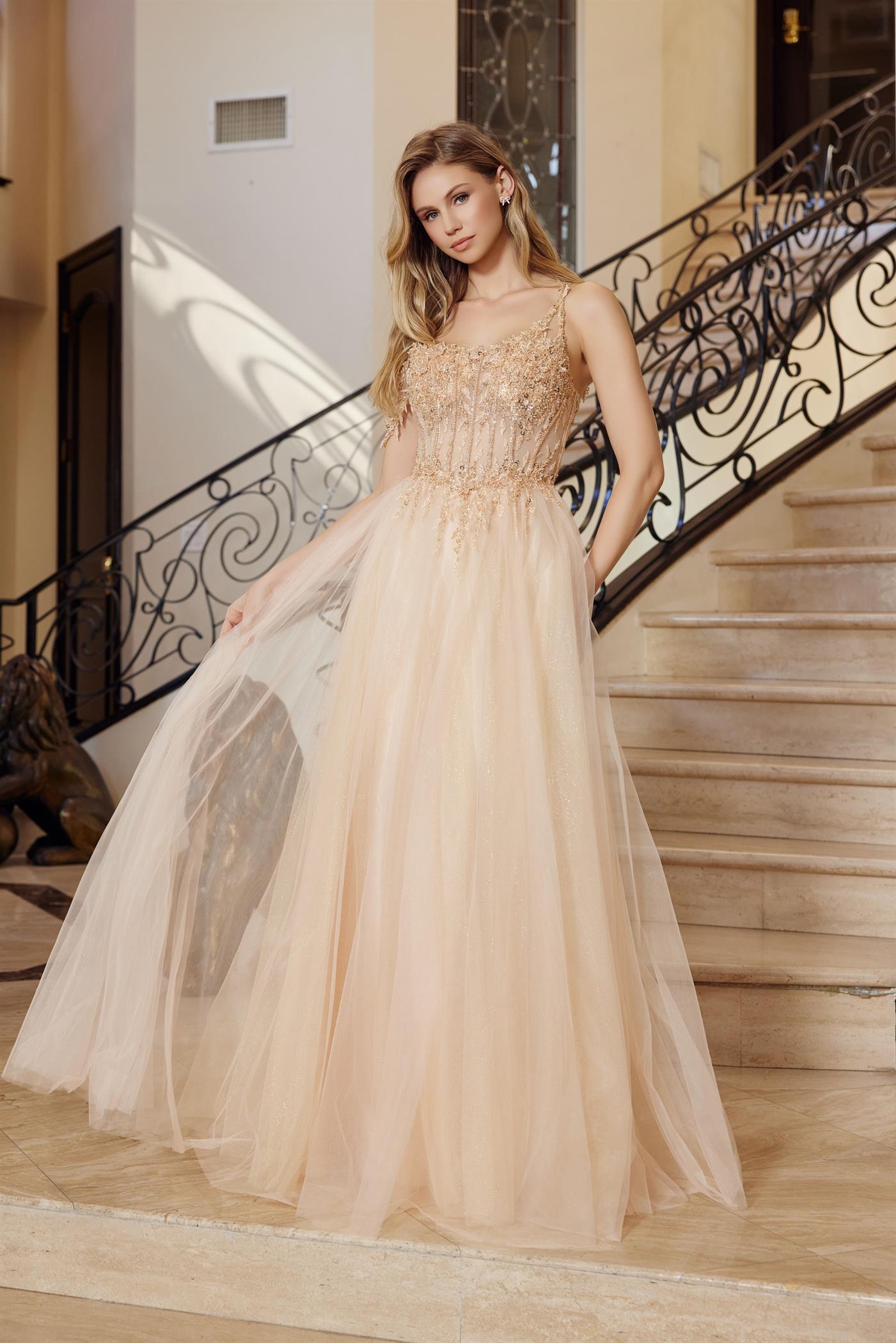 A-Line Long Dress with a Boned Sheer Waistline Material Flower Design Beaded Seq — Nox Anabel F1567