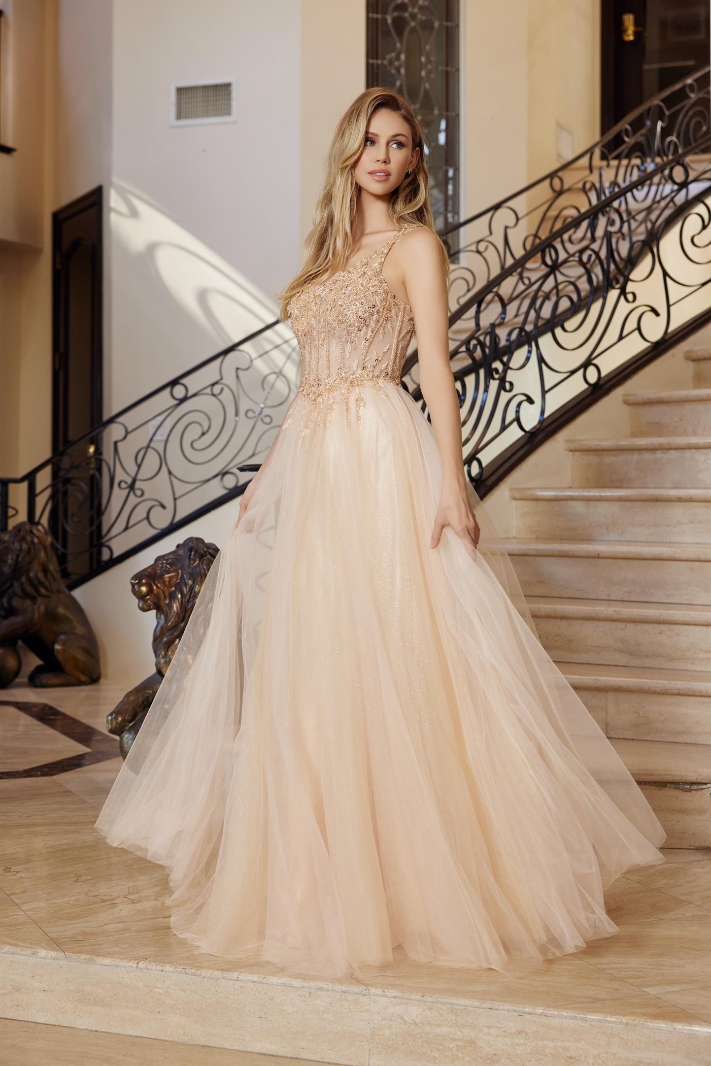 A-Line Long Dress with a Boned Sheer Waistline Material Flower Design Beaded Seq — Nox Anabel F1567