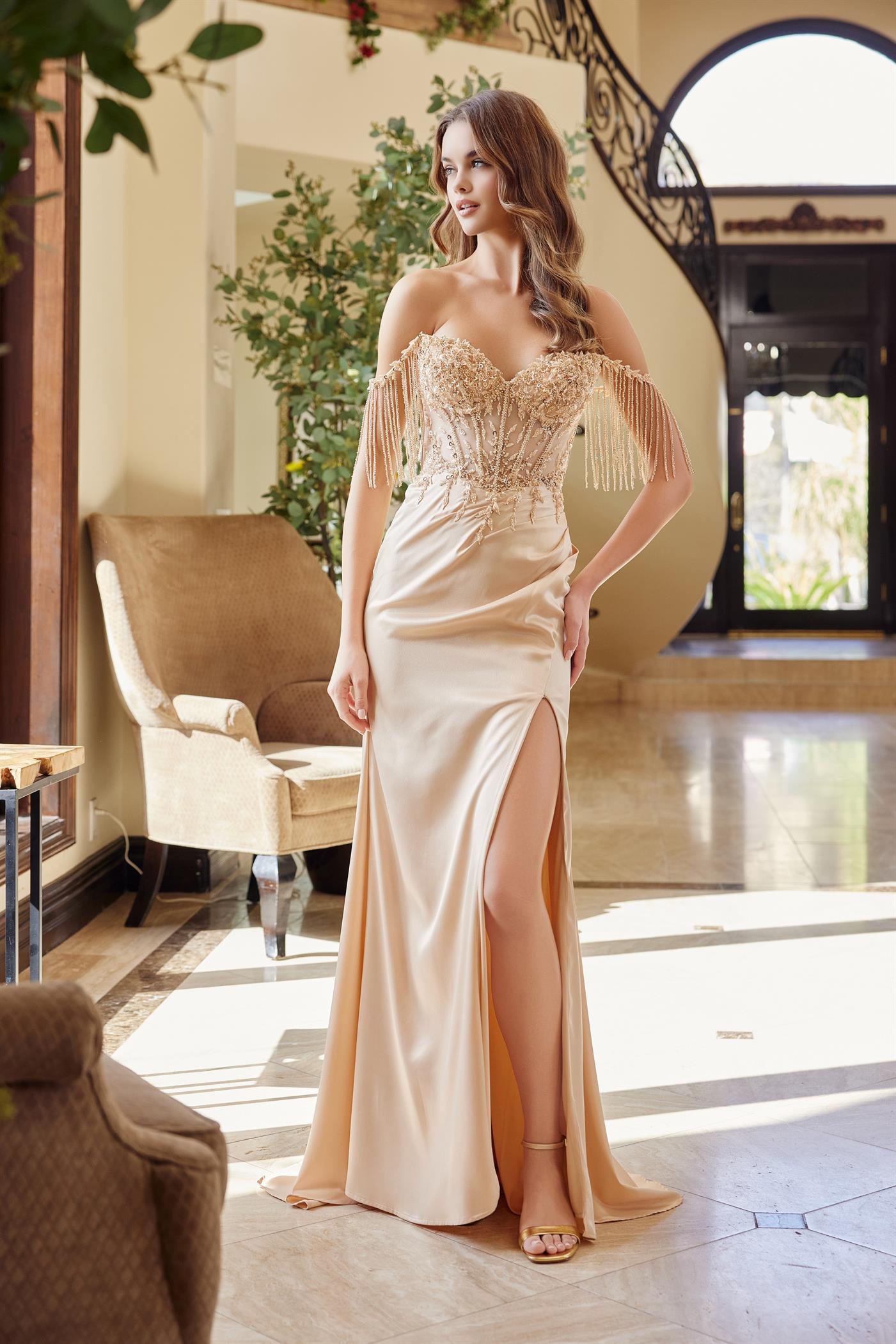 Sweetheart Sequin Applique Top Boned Sheer Waistline Off-Shoulder Straps — Nox Anabel F1571