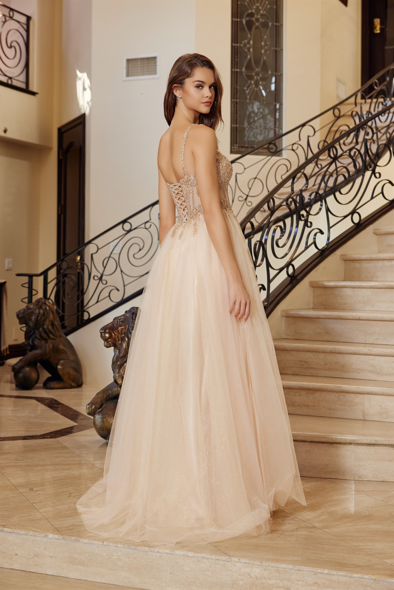 Fit and Flare Long Tulle Gown with Plunging V Neckline — Nox Anabel F1726