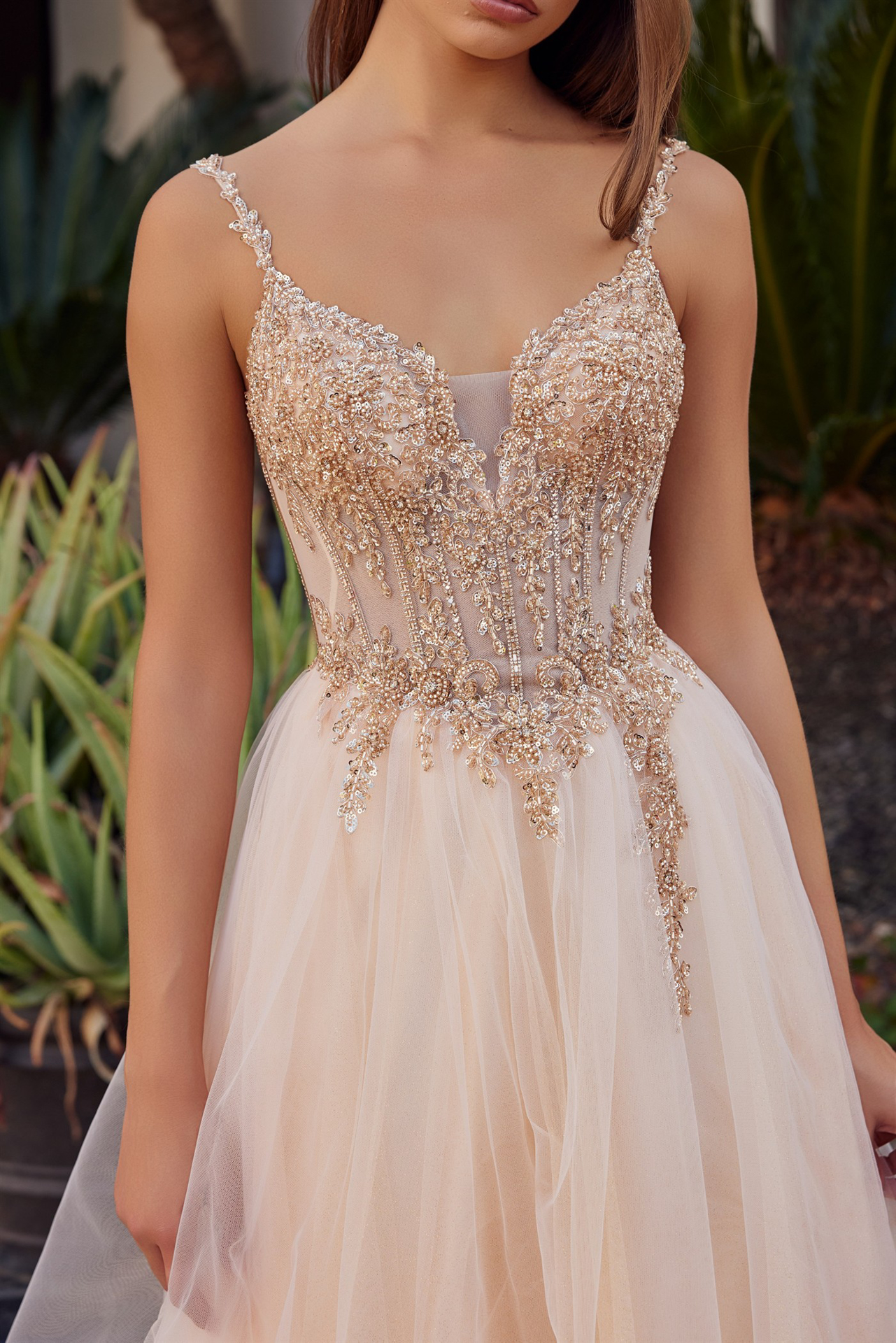 Fit and Flare Long Tulle Gown with Plunging V Neckline — Nox Anabel F1726