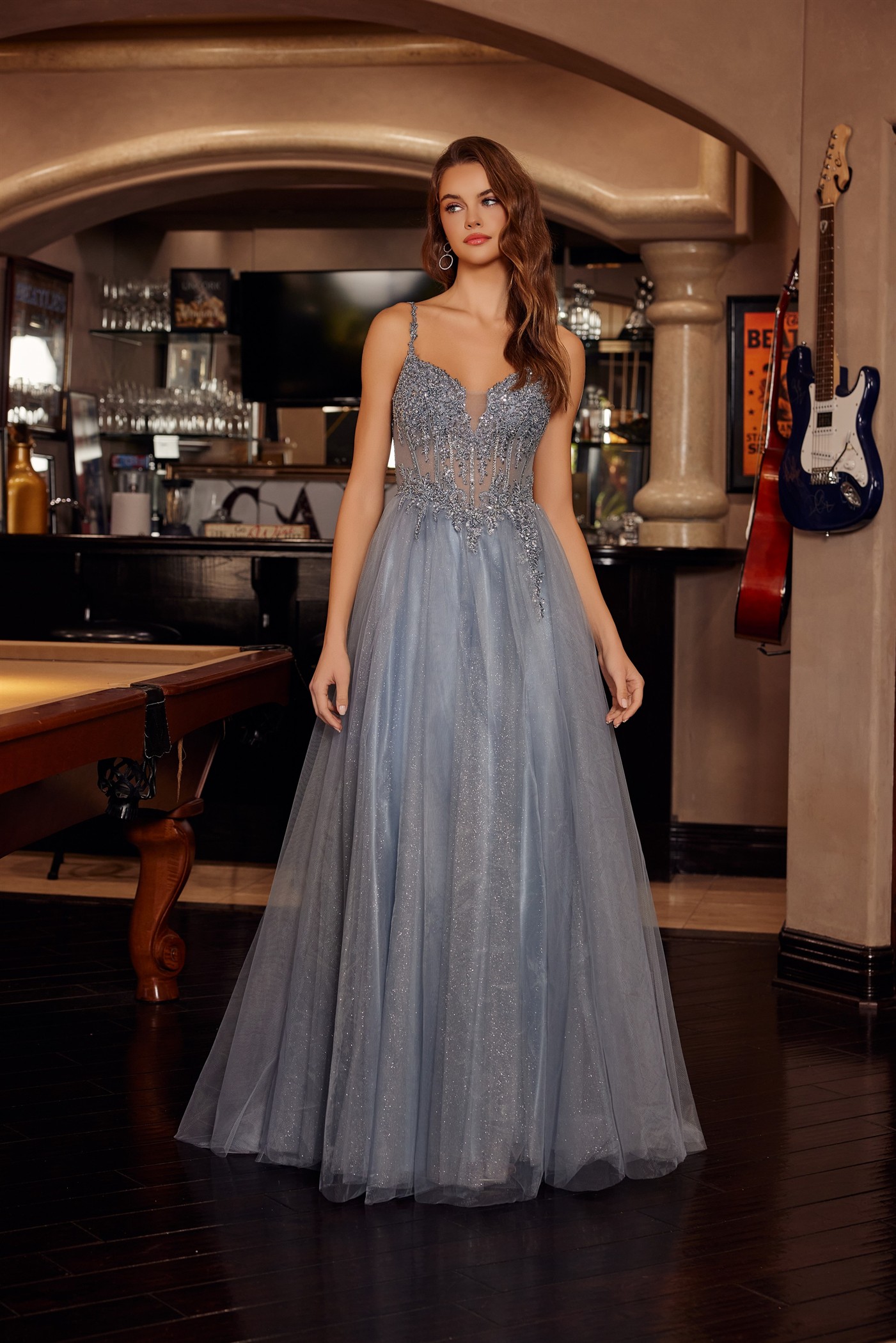 Fit and Flare Long Tulle Gown with Plunging V Neckline — Nox Anabel F1726