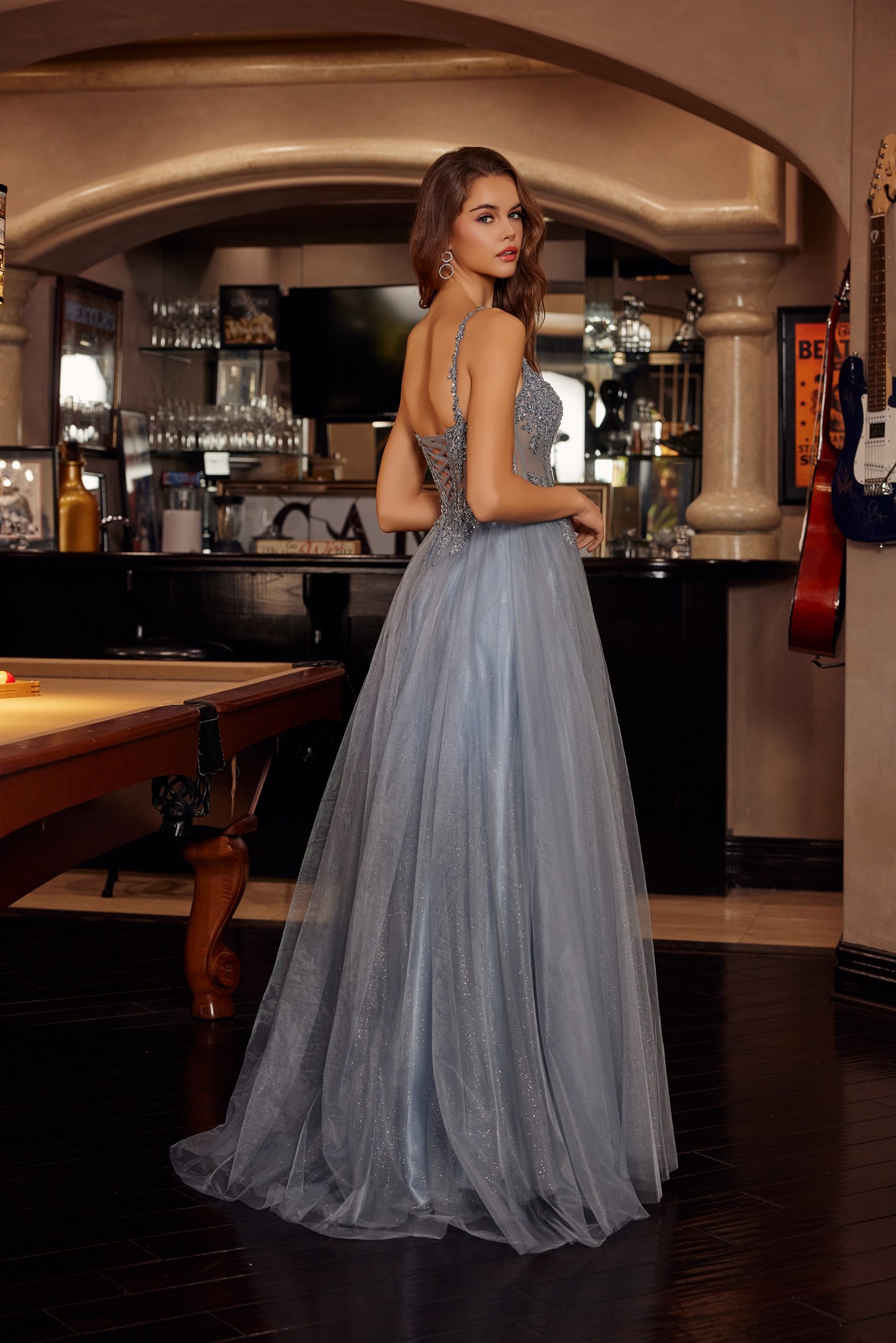 Fit and Flare Long Tulle Gown with Plunging V Neckline — Nox Anabel F1726