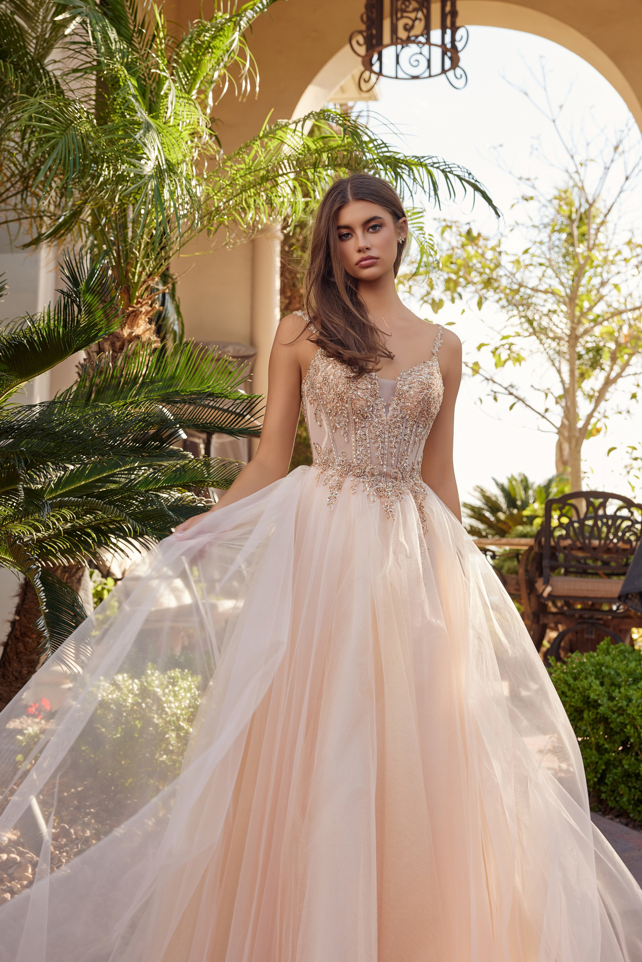 Fit and Flare Long Tulle Gown with Plunging V Neckline — Nox Anabel F1726