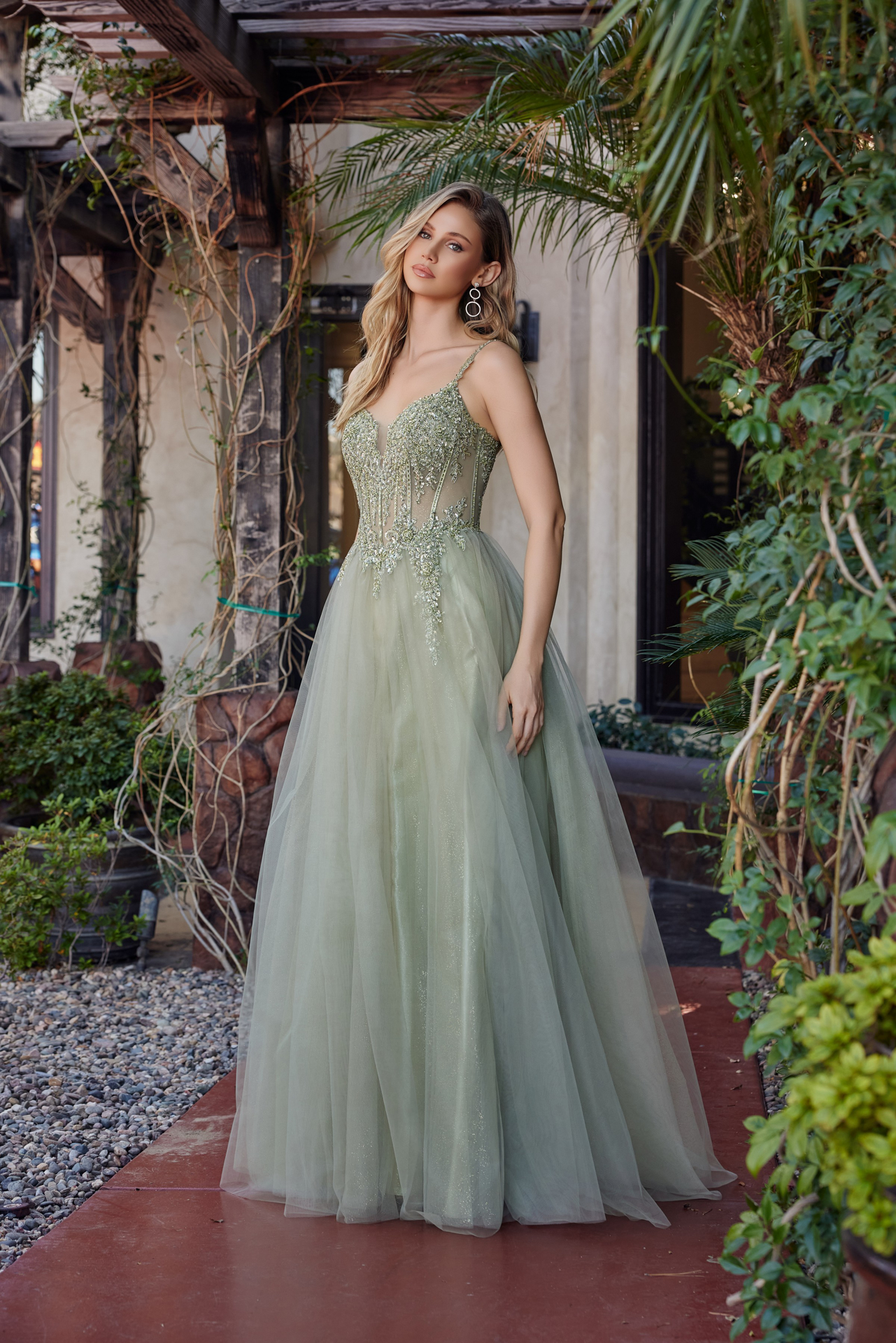 Fit and Flare Long Tulle Gown with Plunging V Neckline — Nox Anabel F1726