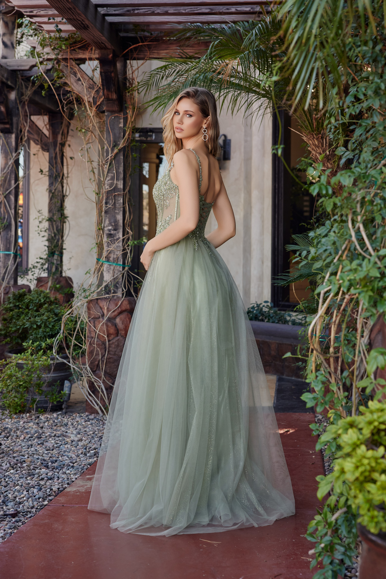 Fit and Flare Long Tulle Gown with Plunging V Neckline — Nox Anabel F1726