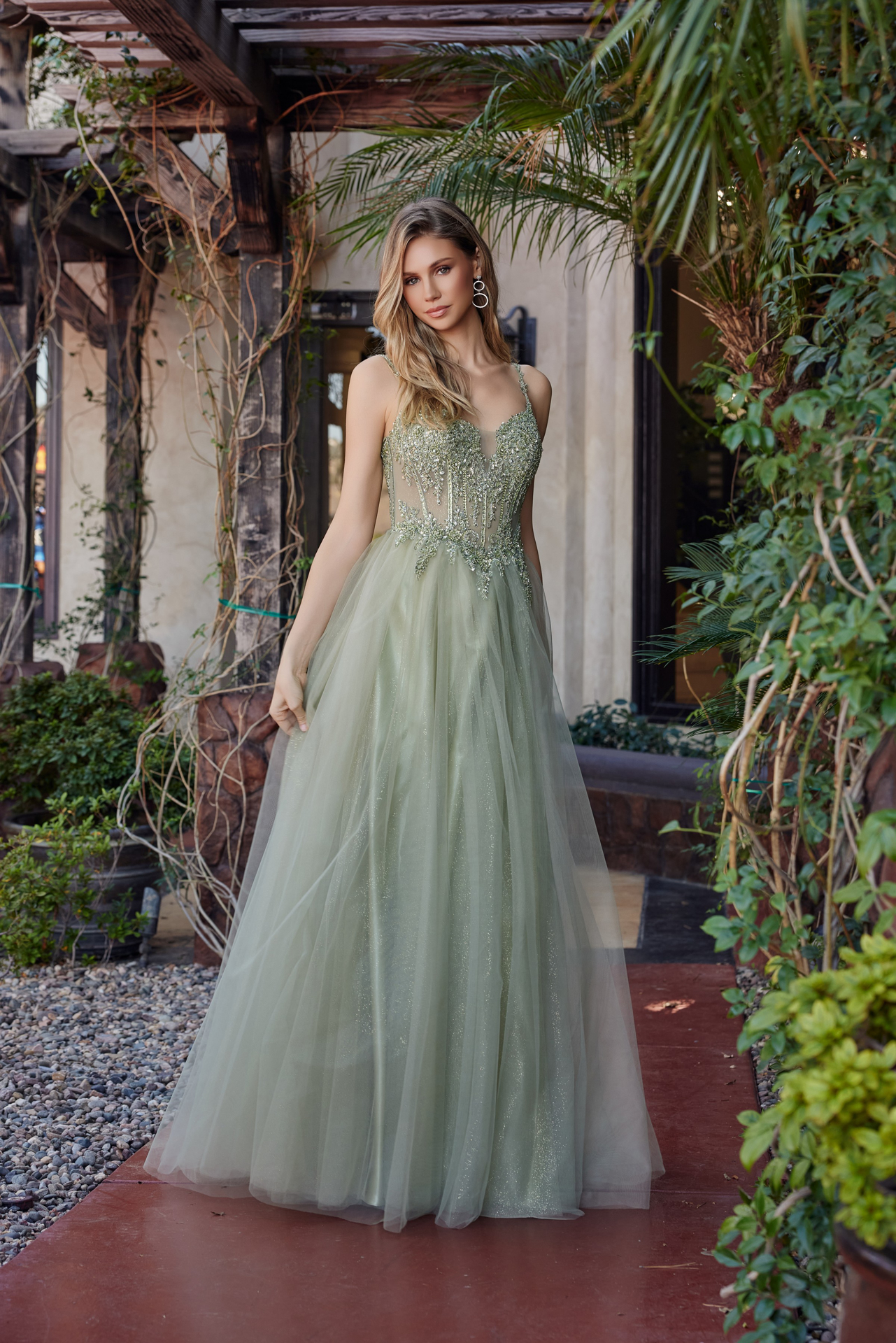 Fit and Flare Long Tulle Gown with Plunging V Neckline — Nox Anabel F1726