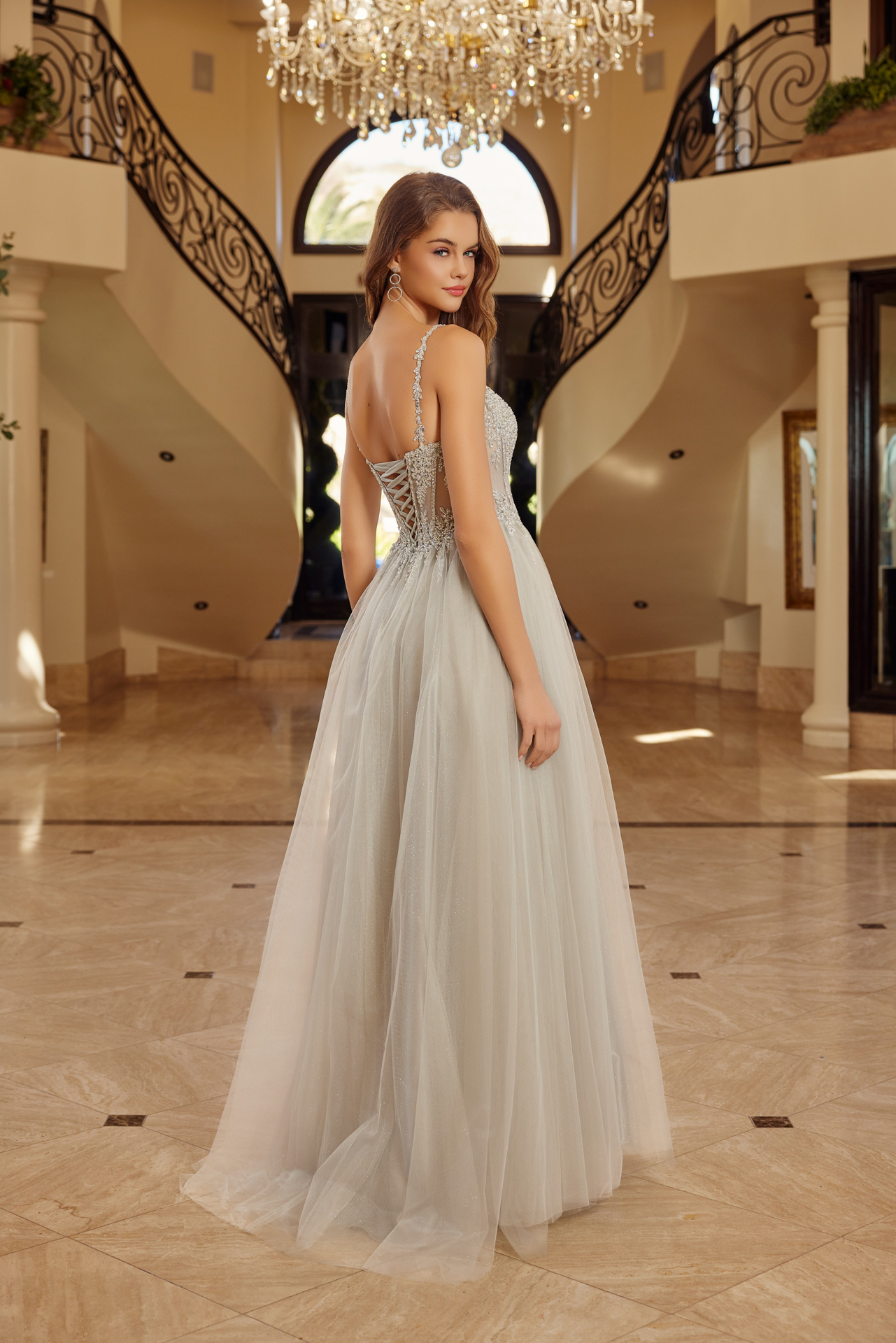 Fit and Flare Long Tulle Gown with Plunging V Neckline — Nox Anabel F1726