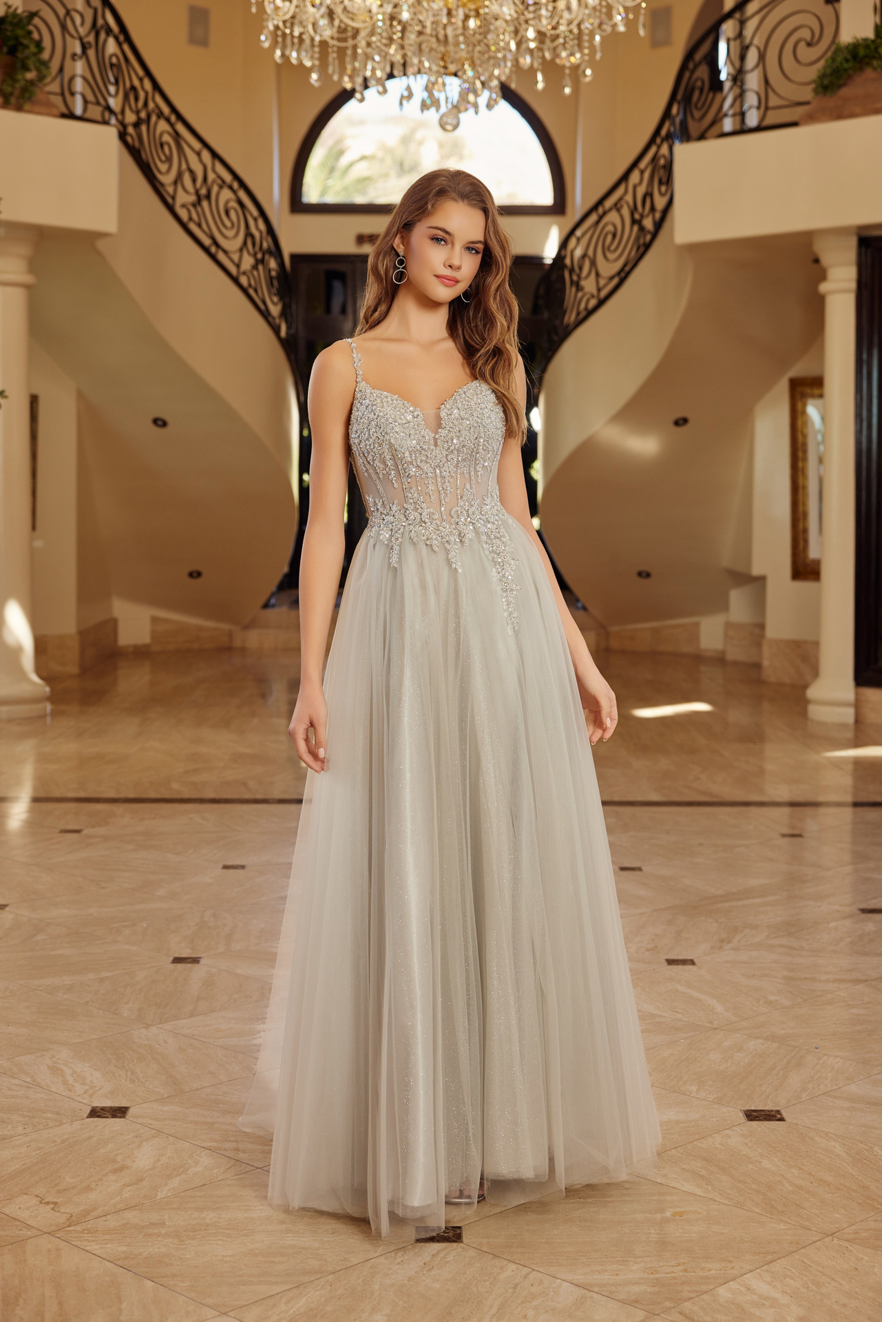 Fit and Flare Long Tulle Gown with Plunging V Neckline — Nox Anabel F1726