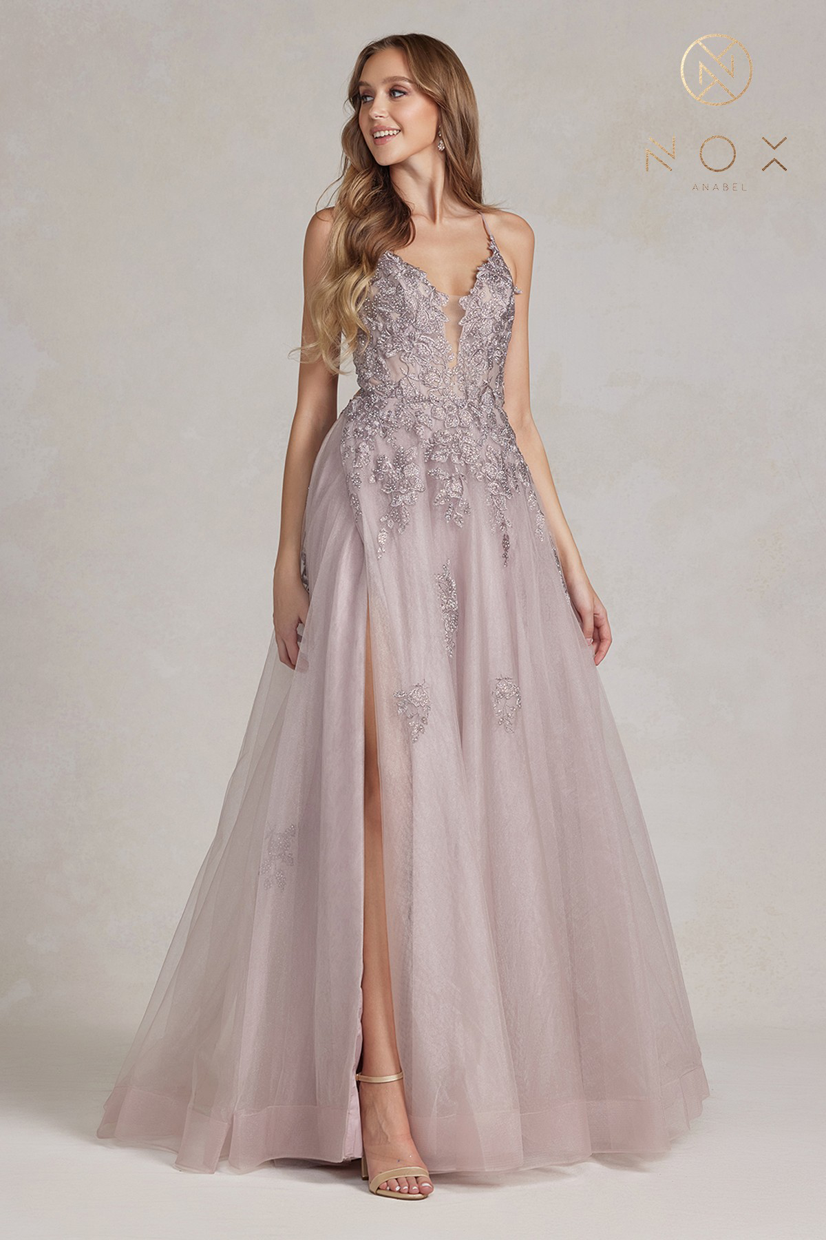 Embellished V-Neck Tulle Dress with Slit