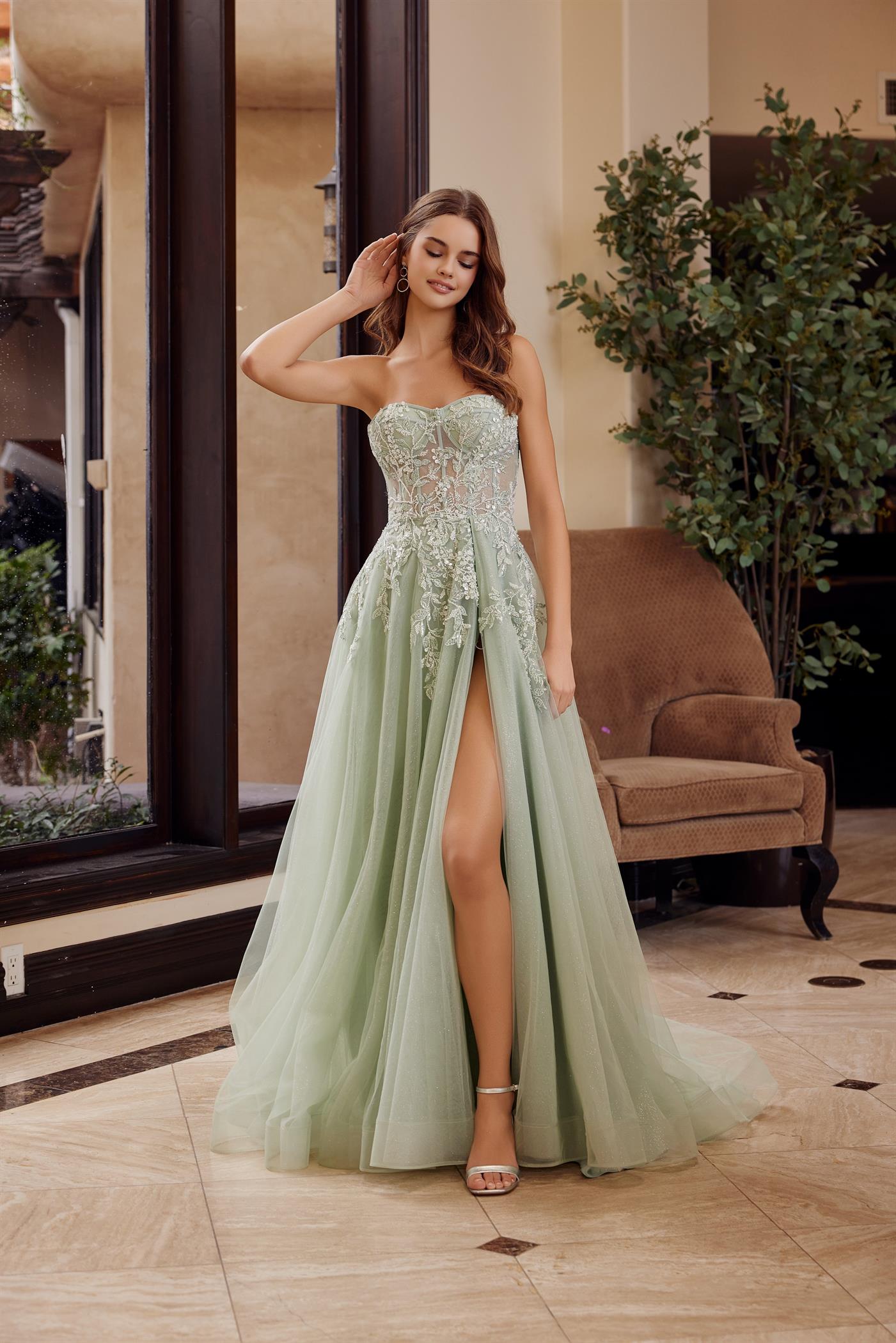 Long A-Line Tulle Dress with a Sweetheart Top Embellished by Sequin Applique — Nox Anabel G1371