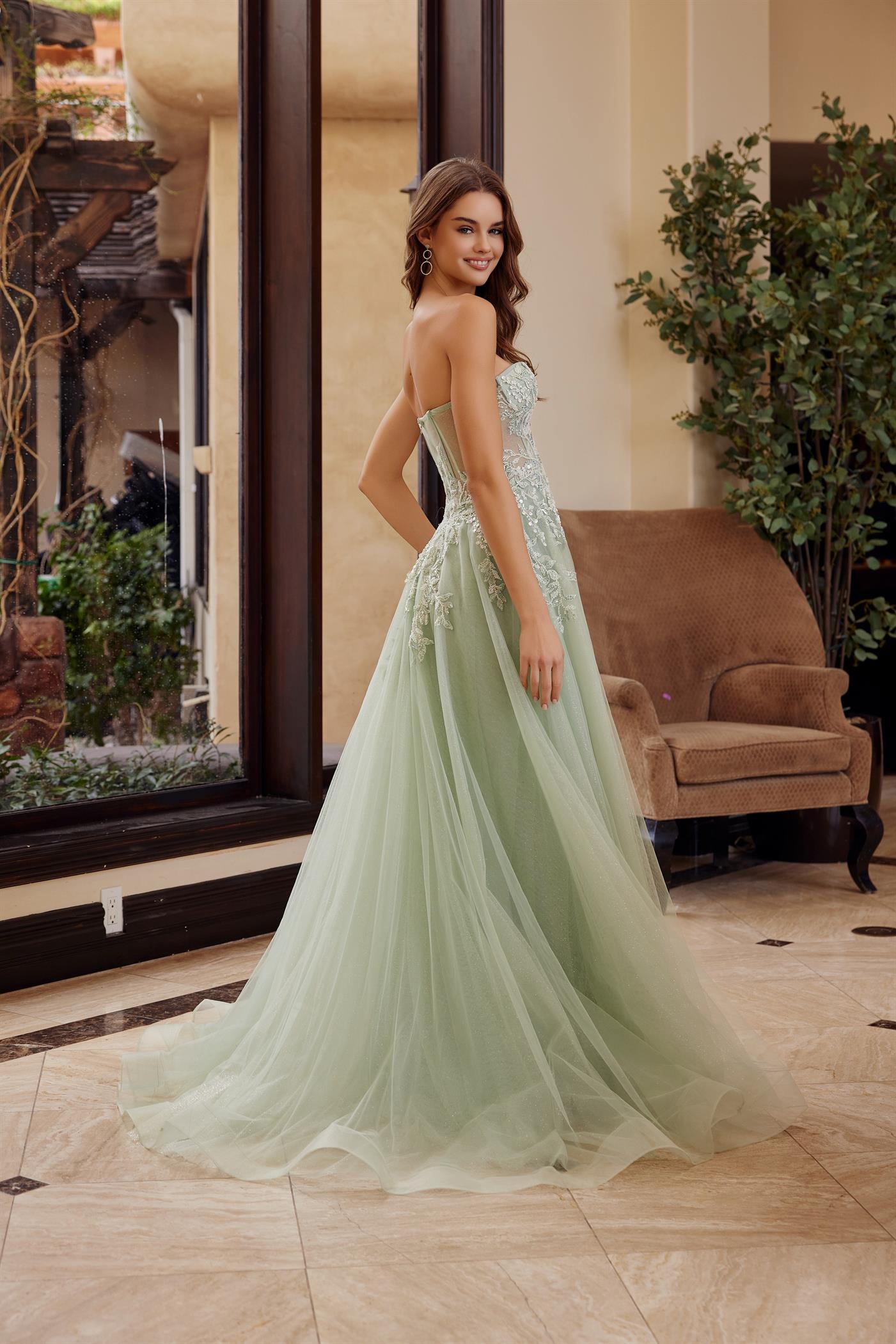 Long A-Line Tulle Dress with a Sweetheart Top Embellished by Sequin Applique — Nox Anabel G1371