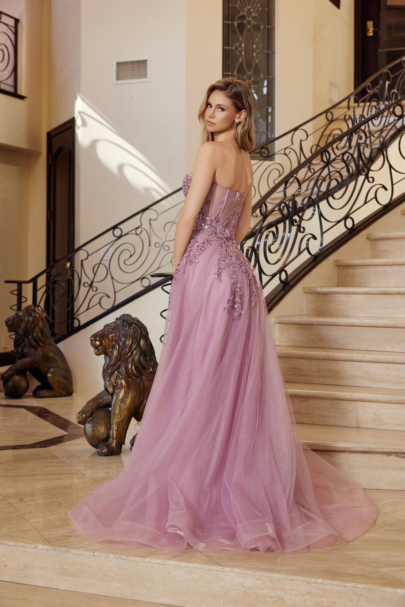 Long A-Line Tulle Dress with a Sweetheart Top Embellished by Sequin Applique — Nox Anabel G1371