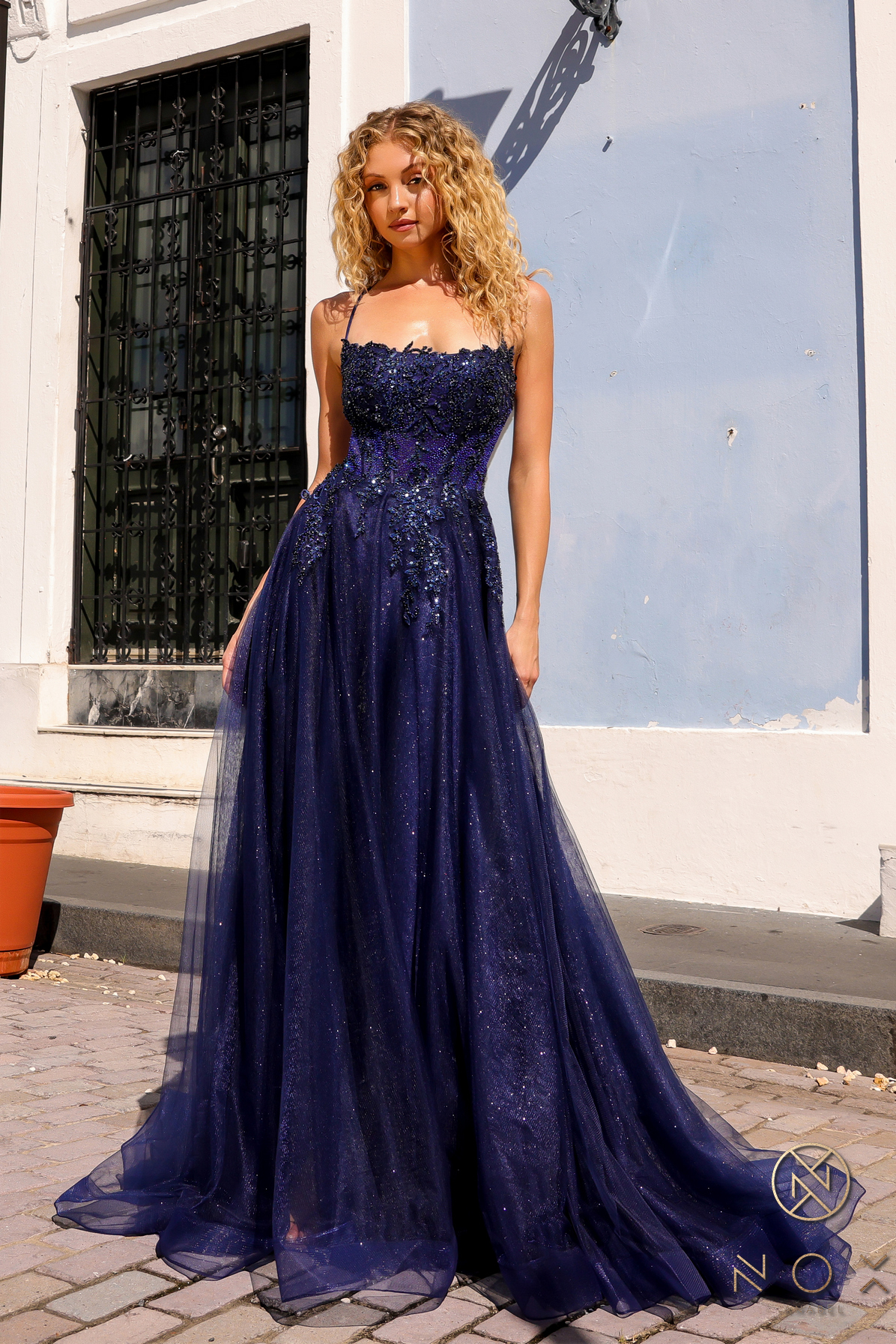 Glitter Tulle Floral Sequin Dress with Slit — Nox Anabel G1405