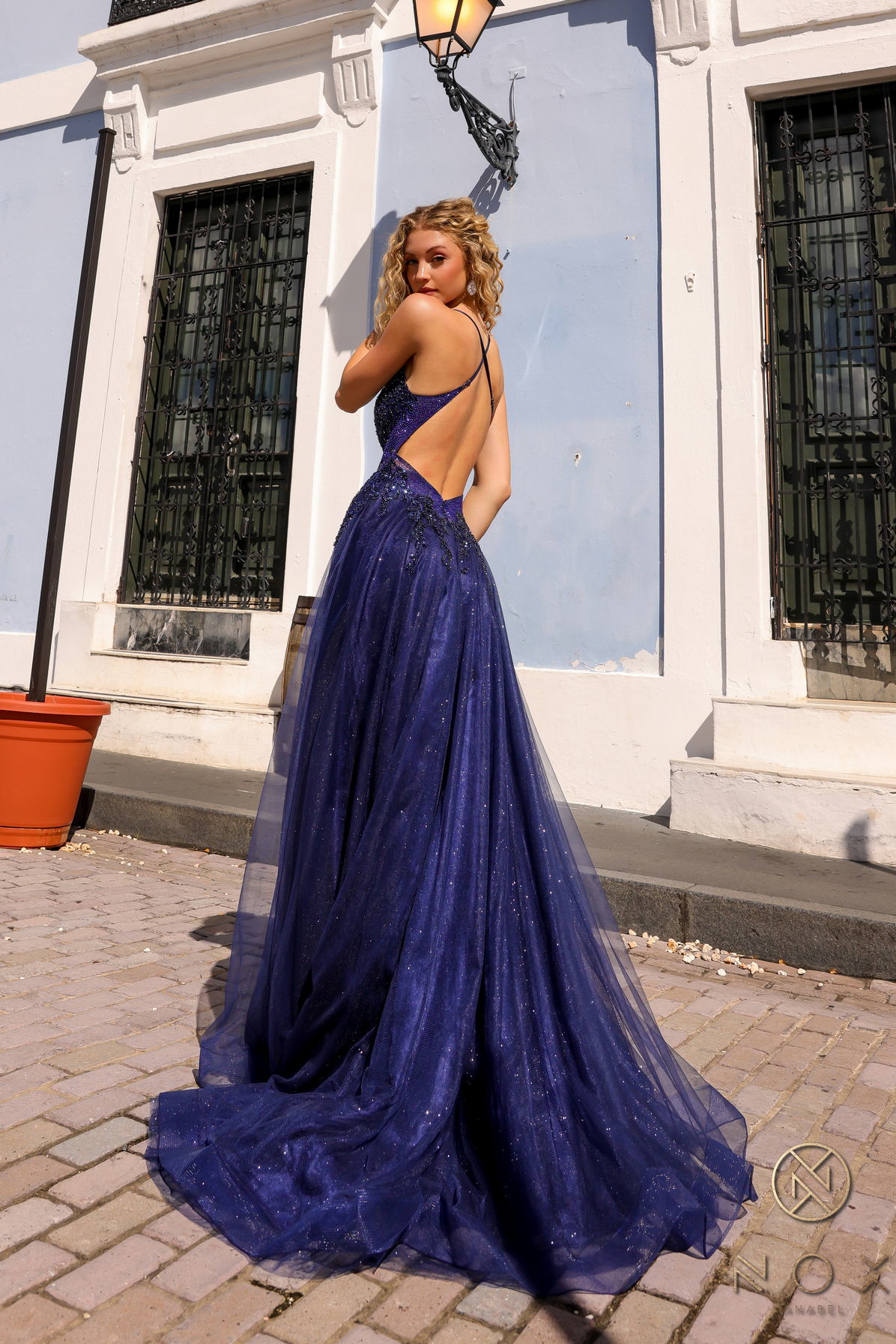 Glitter Tulle Floral Sequin Dress with Slit — Nox Anabel G1405