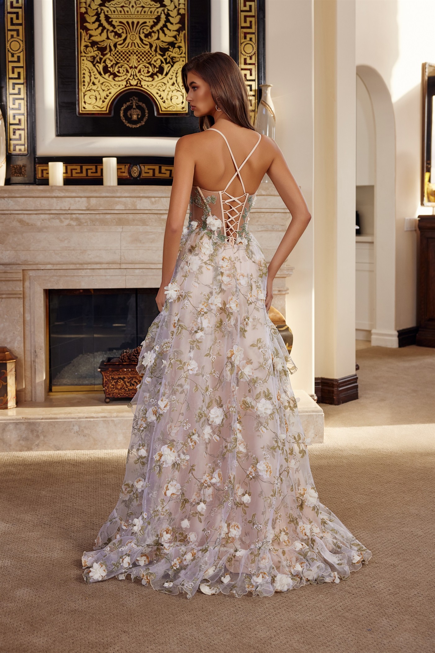 Long Organza Ball Gown with Full Flower Applique V Bustline — Nox Anabel G1783