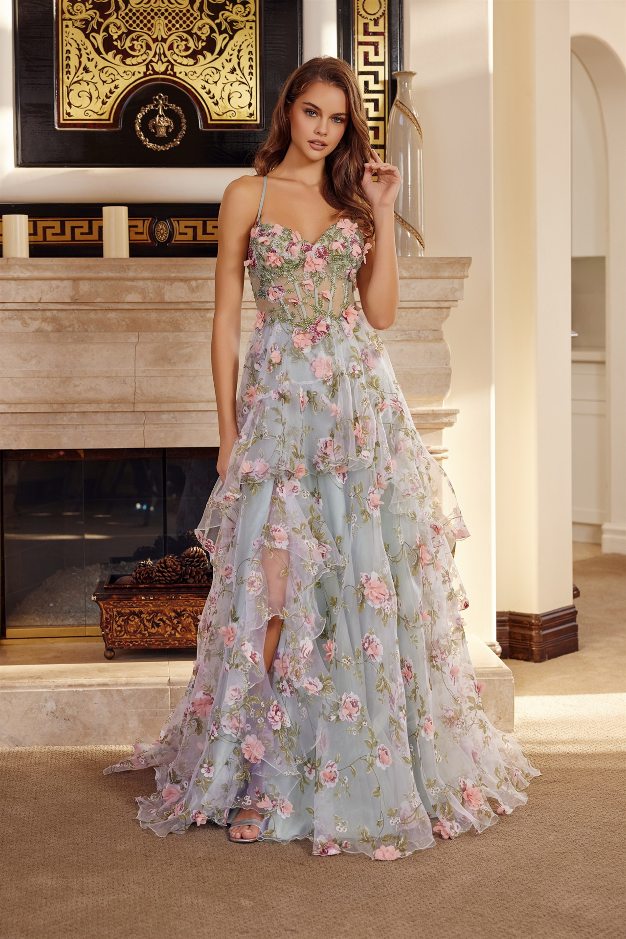 Long Organza Ball Gown with Full Flower Applique V Bustline — Nox Anabel G1783