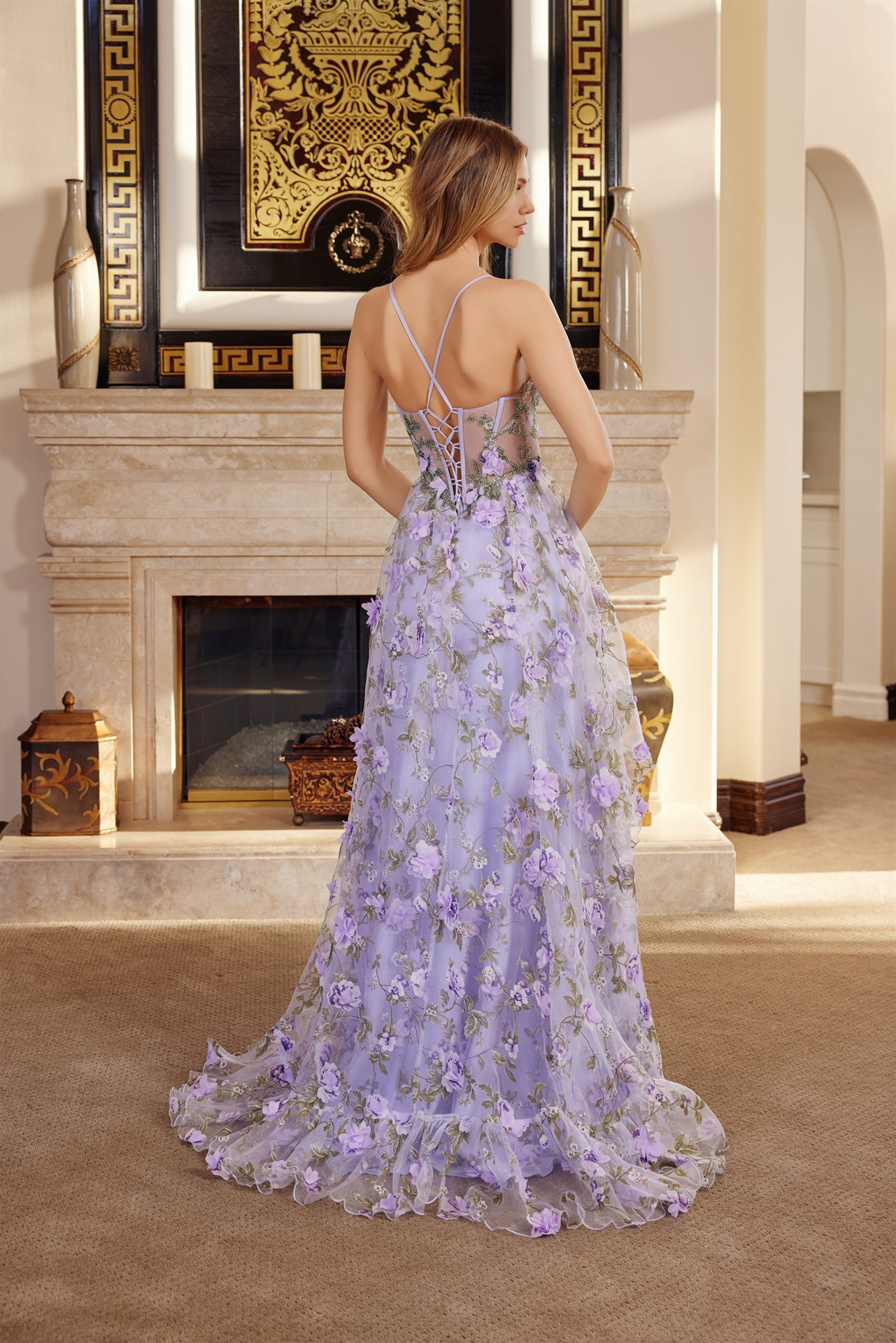 Long Organza Ball Gown with Full Flower Applique V Bustline — Nox Anabel G1783