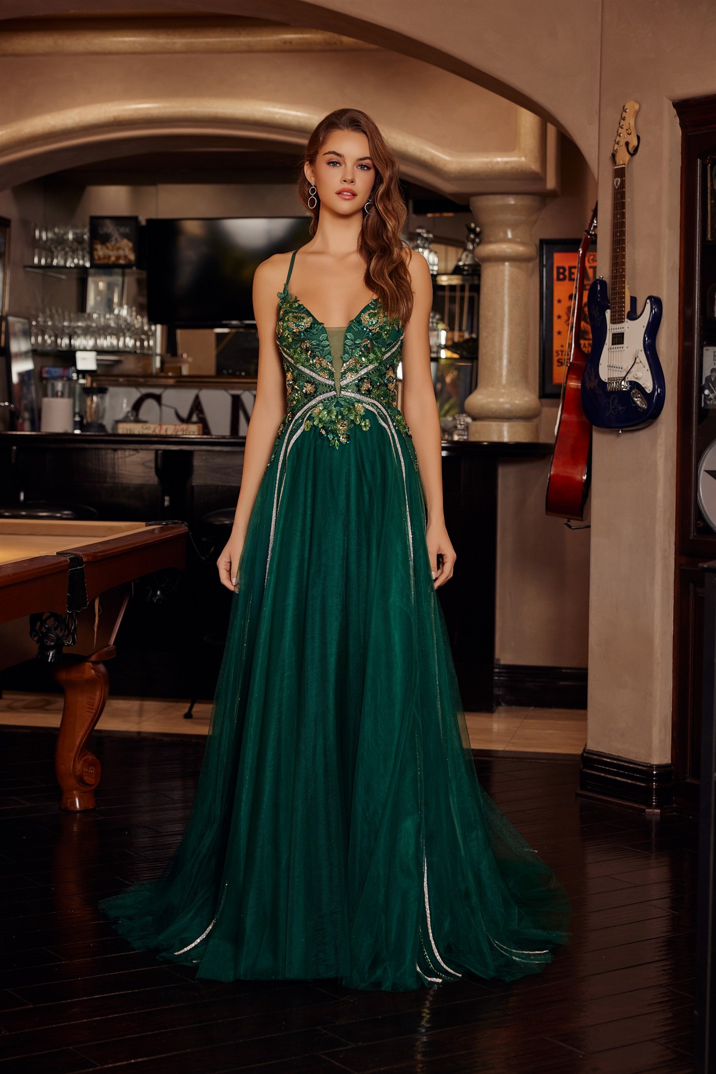 Long Tulle Fit and Flare Gown with Plunging V Neckline — Nox Anabel G1795