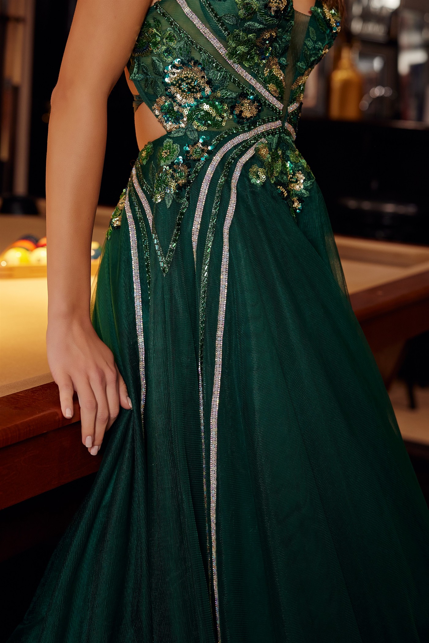 Long Tulle Fit and Flare Gown with Plunging V Neckline — Nox Anabel G1795