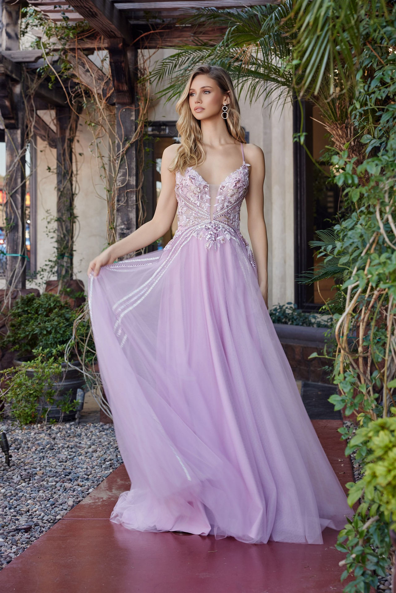 Long Tulle Fit and Flare Gown with Plunging V Neckline — Nox Anabel G1795