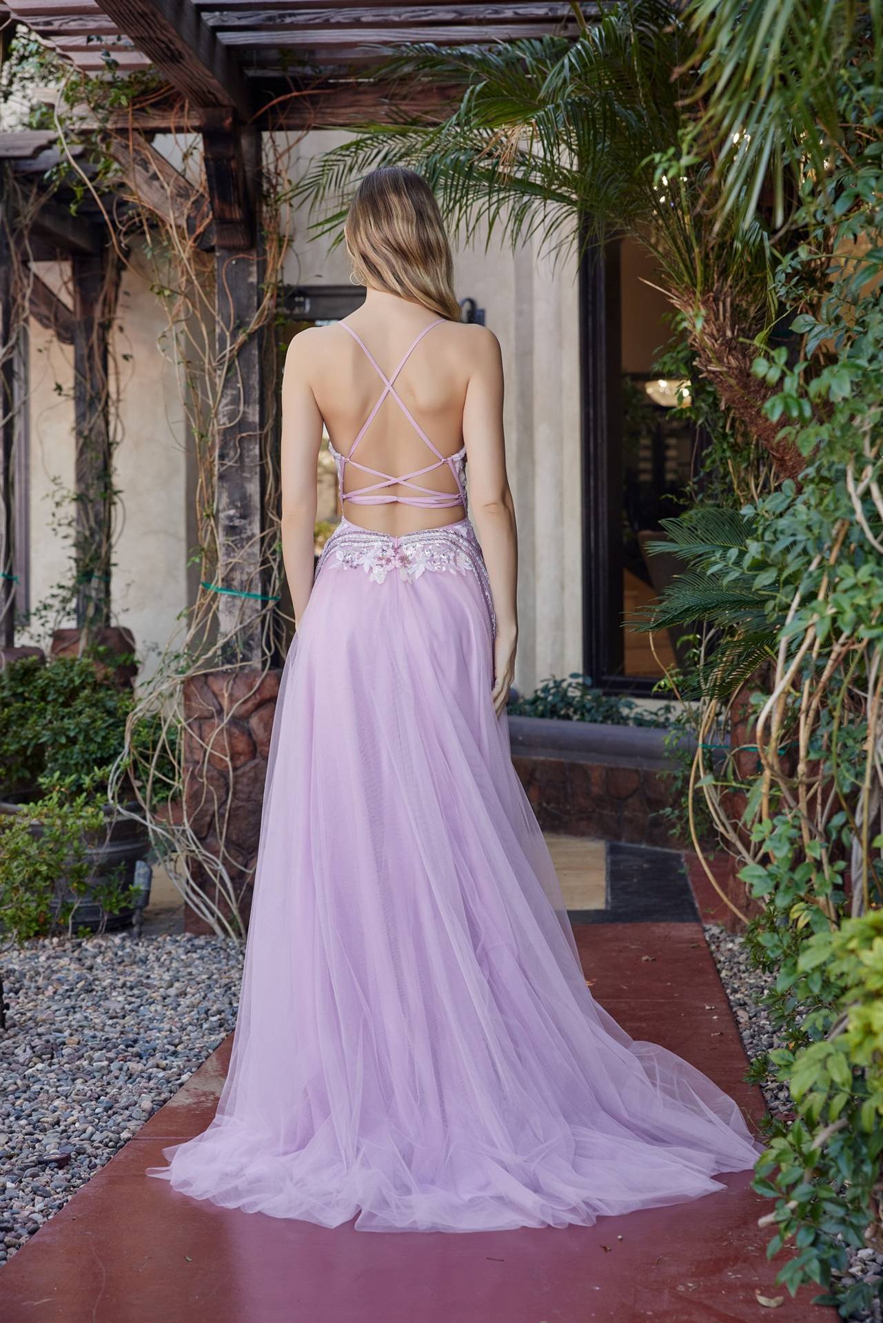 Long Tulle Fit and Flare Gown with Plunging V Neckline — Nox Anabel G1795