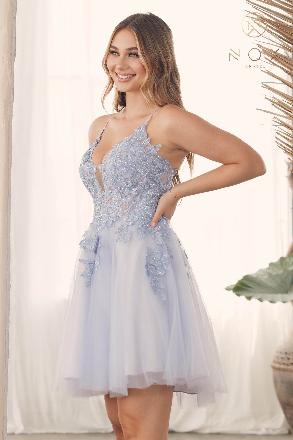 Short Fit & Flare Plunging V-Neckline And Sheer Corset Bodice — Nox Anabel G785