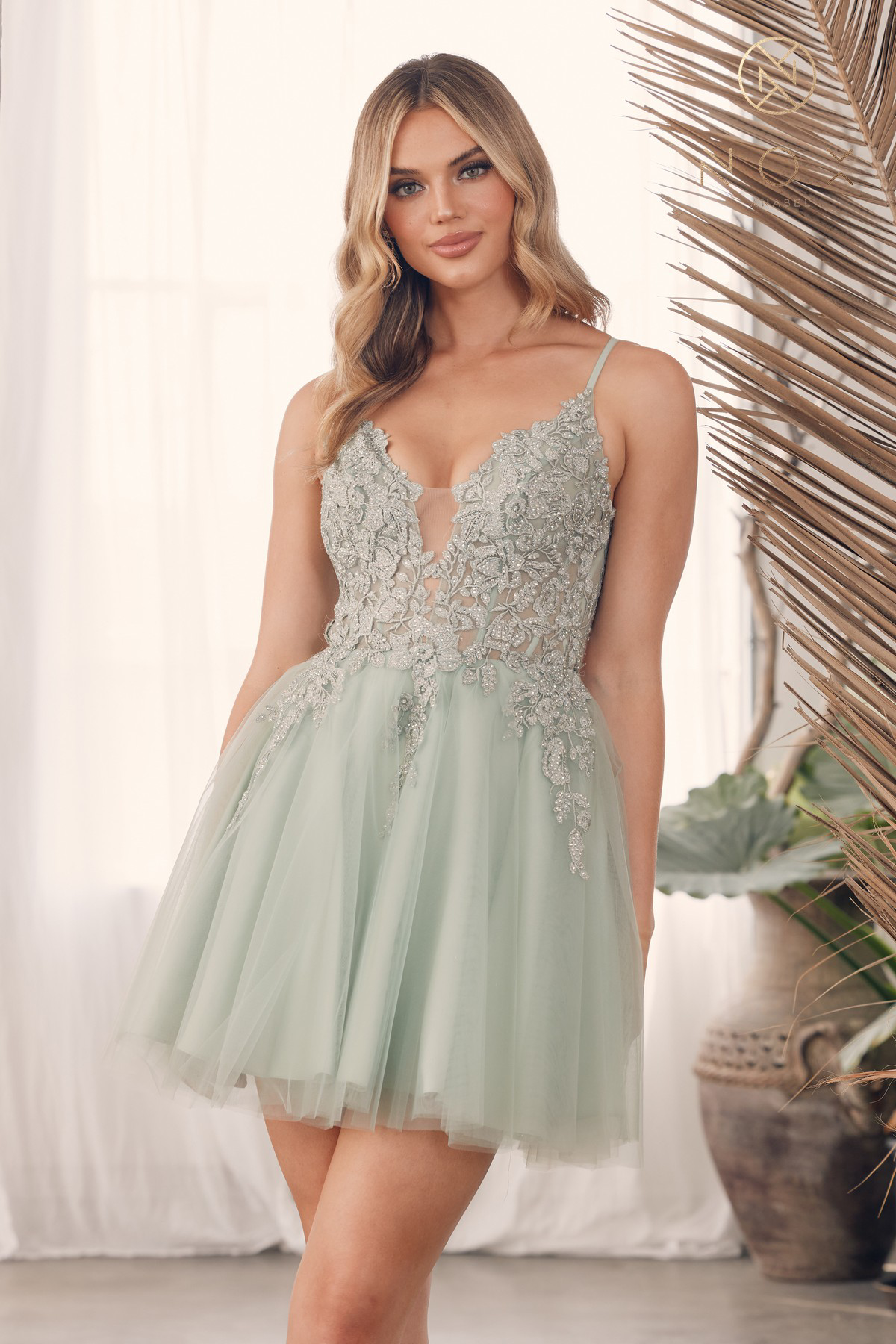 Short Fit & Flare Plunging V-Neckline And Sheer Corset Bodice — Nox Anabel G785