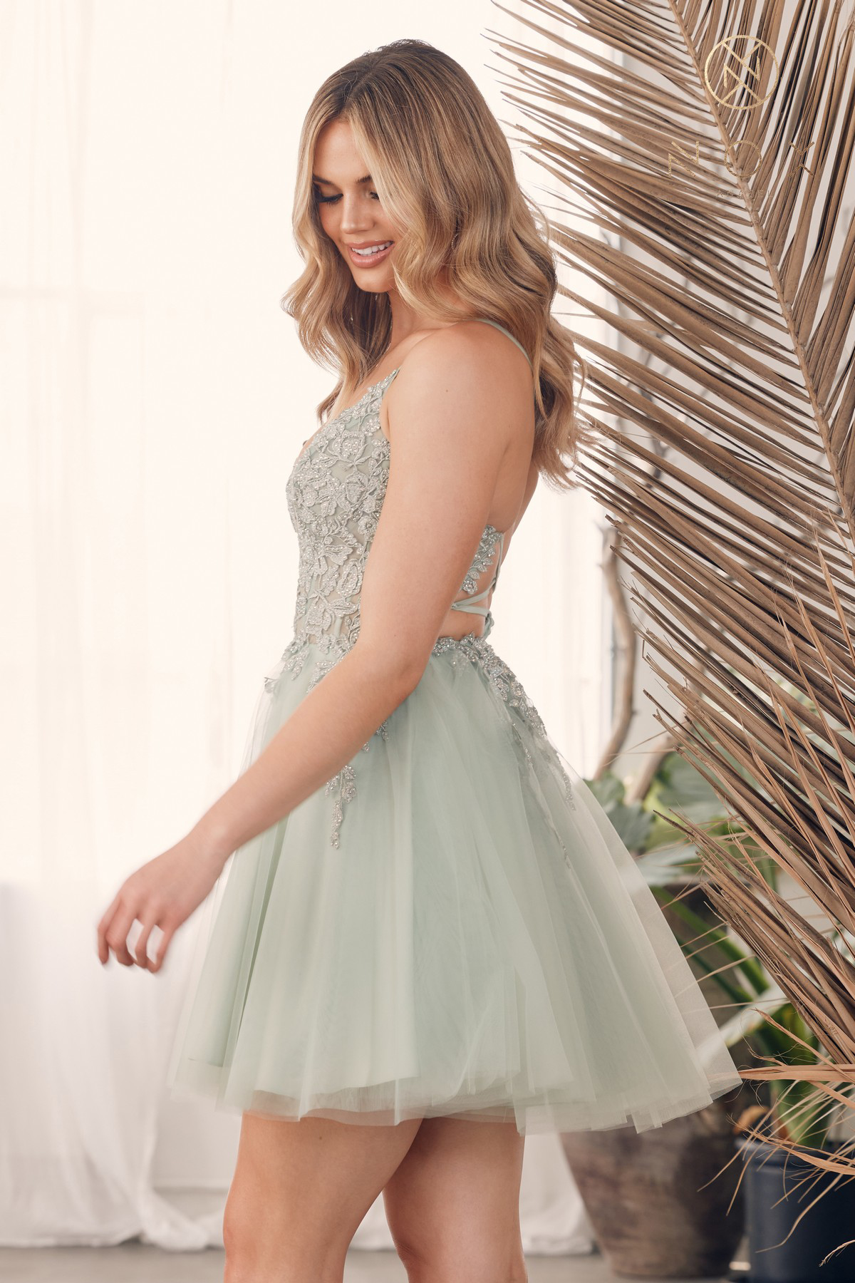 Short Fit & Flare Plunging V-Neckline And Sheer Corset Bodice — Nox Anabel G785