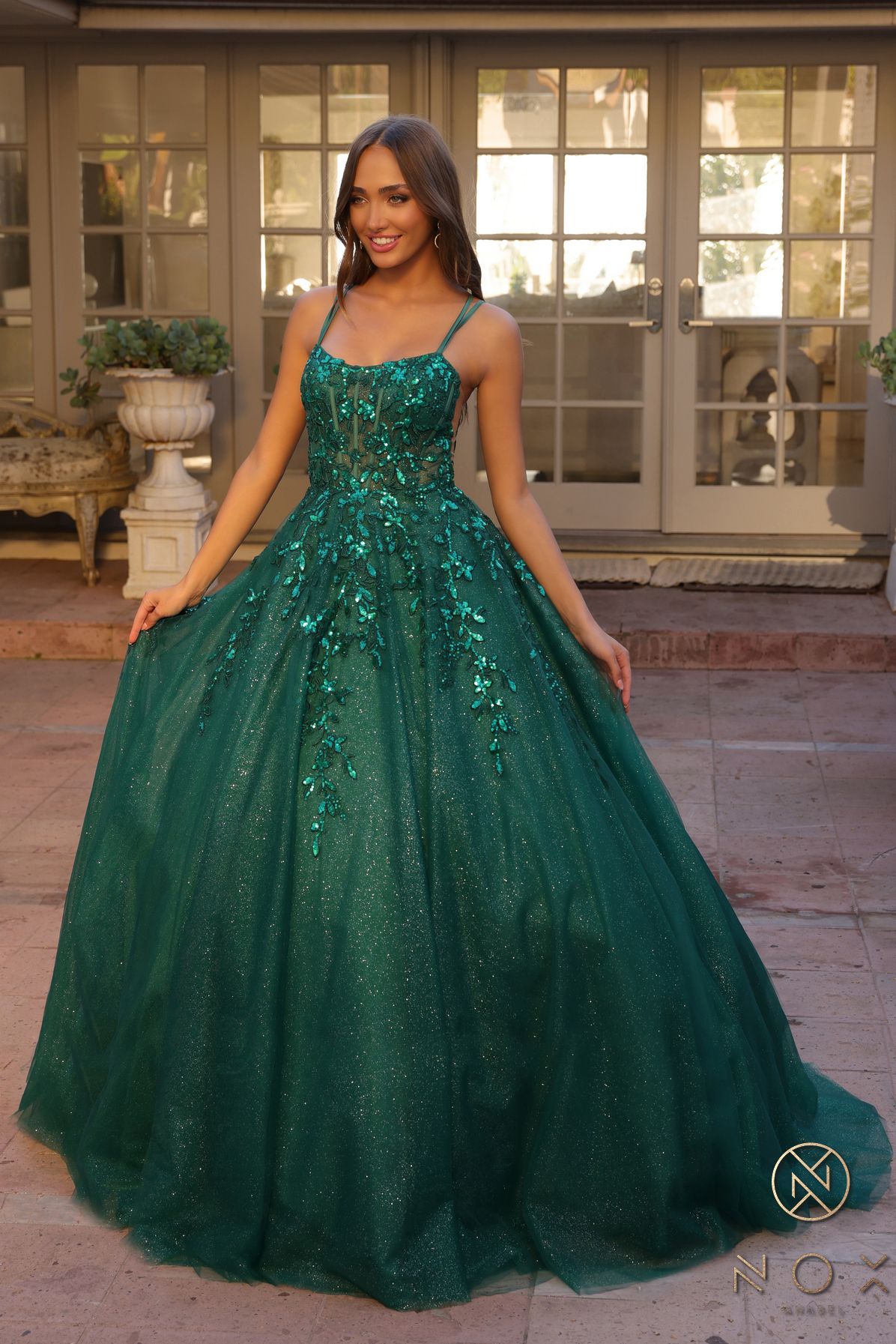 Glitter-Tulle Long Ball Gown Shimmer Sequin Lace-Up Back