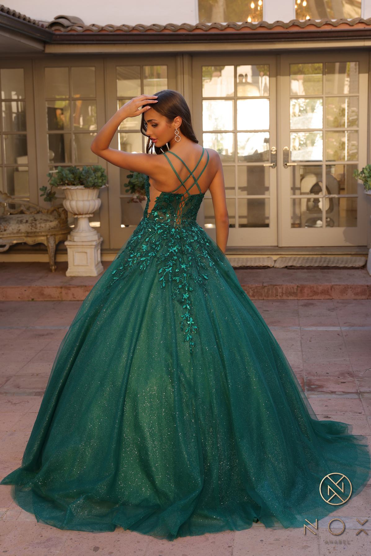 Glitter-Tulle Long Ball Gown Shimmer Sequin Lace-Up Back — Nox Anabel H1271