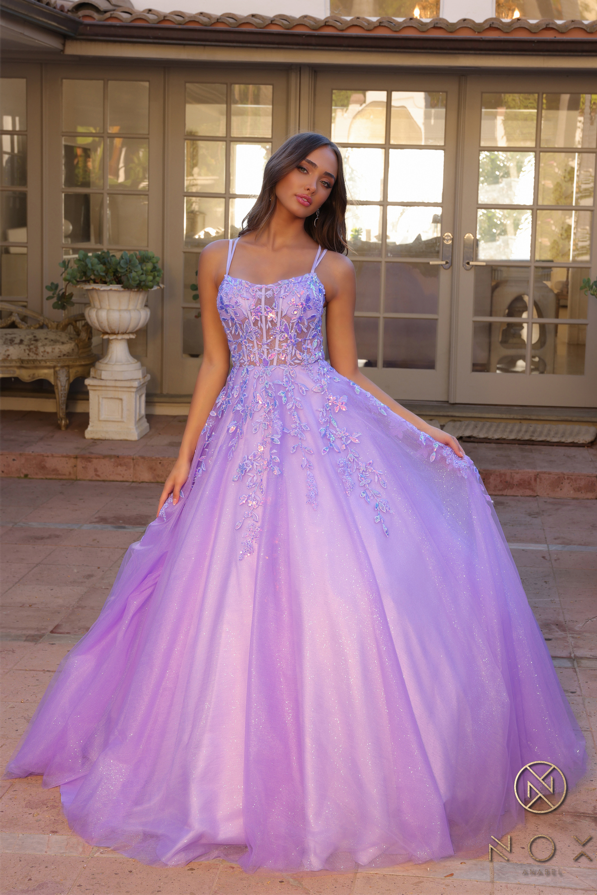 Glitter-Tulle Long Ball Gown Shimmer Sequin Lace-Up Back — Nox Anabel H1271