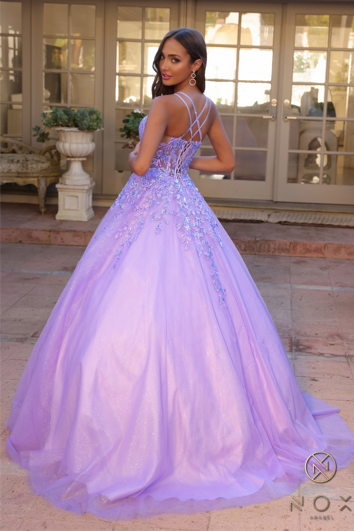 Glitter-Tulle Long Ball Gown Shimmer Sequin Lace-Up Back — Nox Anabel H1271